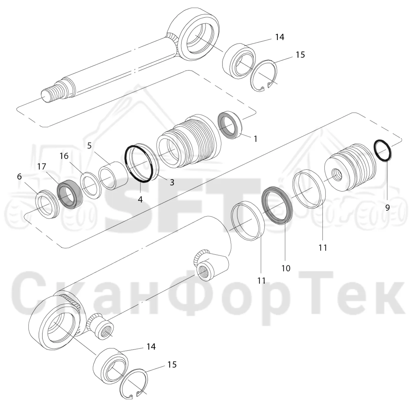 Схема: Komatsu / Головки лесозаготовительной машины / S Головки лесозаготовительной машины / S132 / Каталог запасных частей / Обрезка сучьев / Передние сучкорезные ножи / Запасные части цилиндра