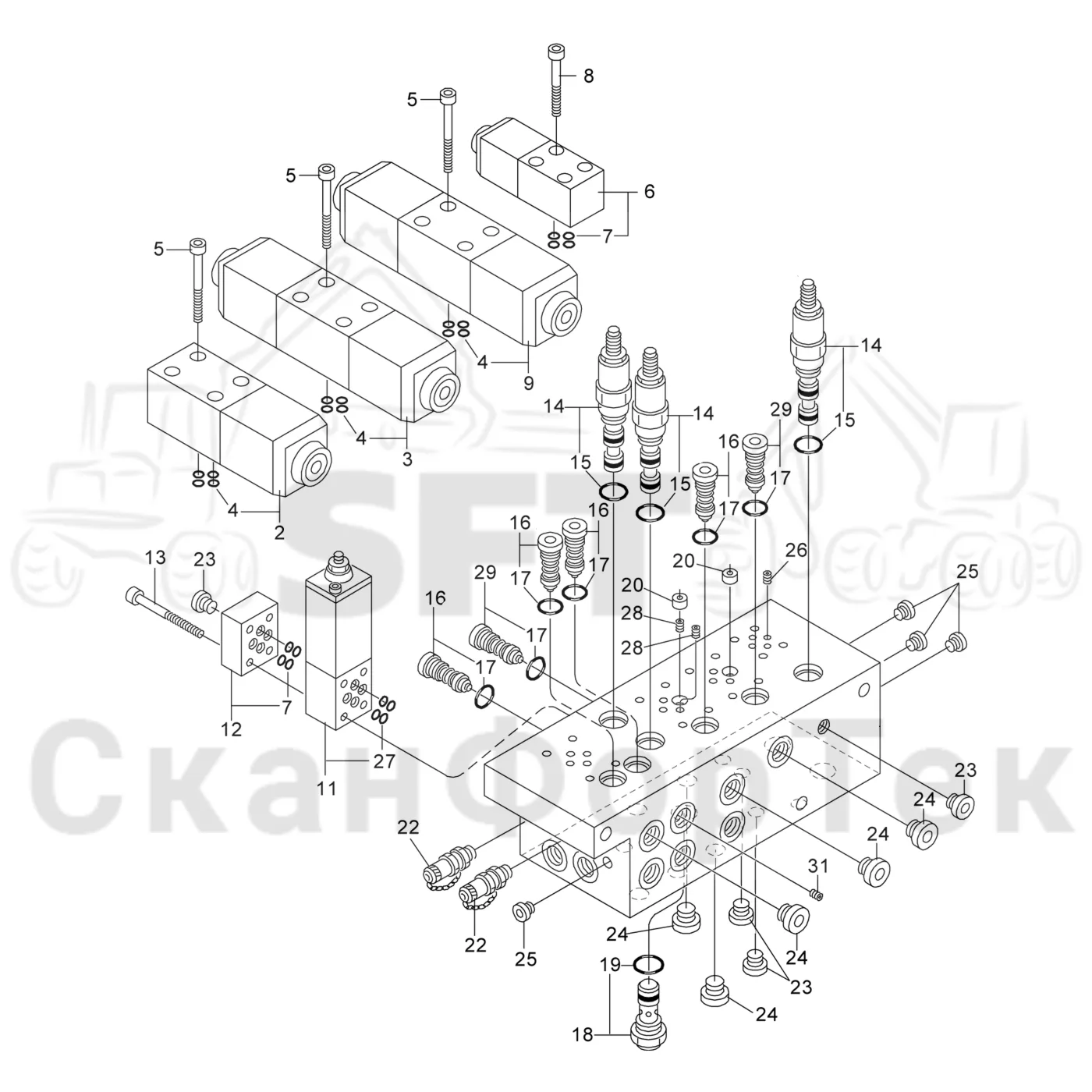 Схема: Komatsu / Лесозаготовительные машины / 931 S/N 9310021067- / Каталог запасных частей / Лесозаготовительное оборудование / Головка лесозаготовительной машины / S132 / Каталог запасных частей / Гидравлический клапан / Узел клапана / Клапан