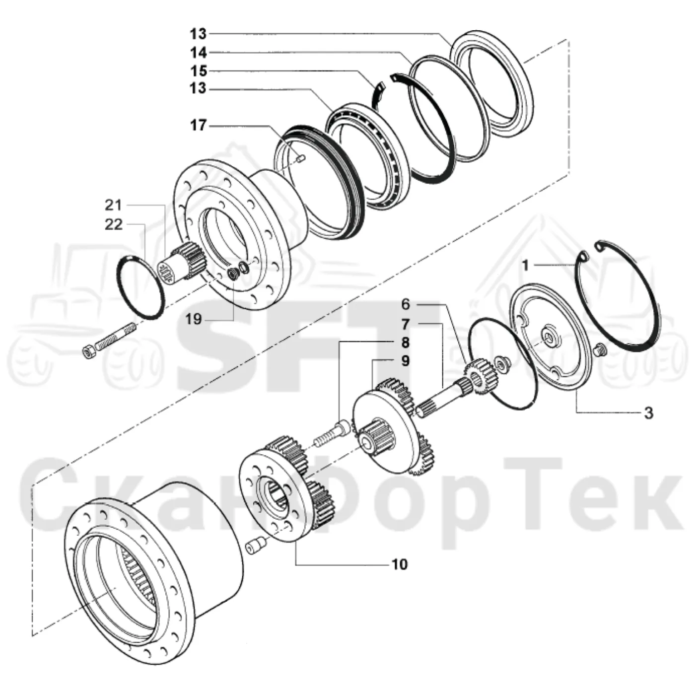 Схема: Komatsu / Лесозаготовительные машины / 951 S/N 9510004367- / Каталог запасных частей / Лесозаготовительное оборудование / Головка лесозаготовительной машины / S172 / Каталог запасных частей / Подача / Подающий ролик / Редуктор ступицы