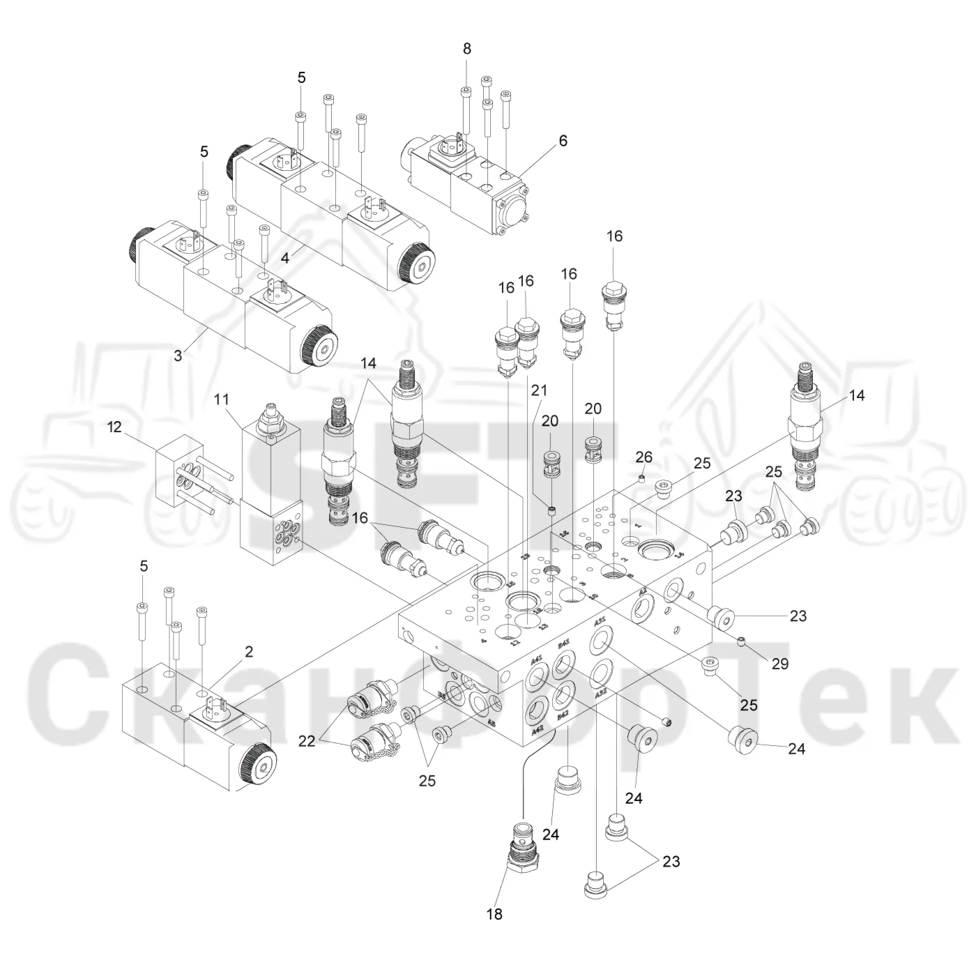 Схема: Komatsu / Лесозаготовительные машины / 951 S/N 9510004367- / Каталог запасных частей / Лесозаготовительное оборудование / Головка лесозаготовительной машины / S172 / Каталог запасных частей / Гидравлический клапан / Узел клапана / Клапан
