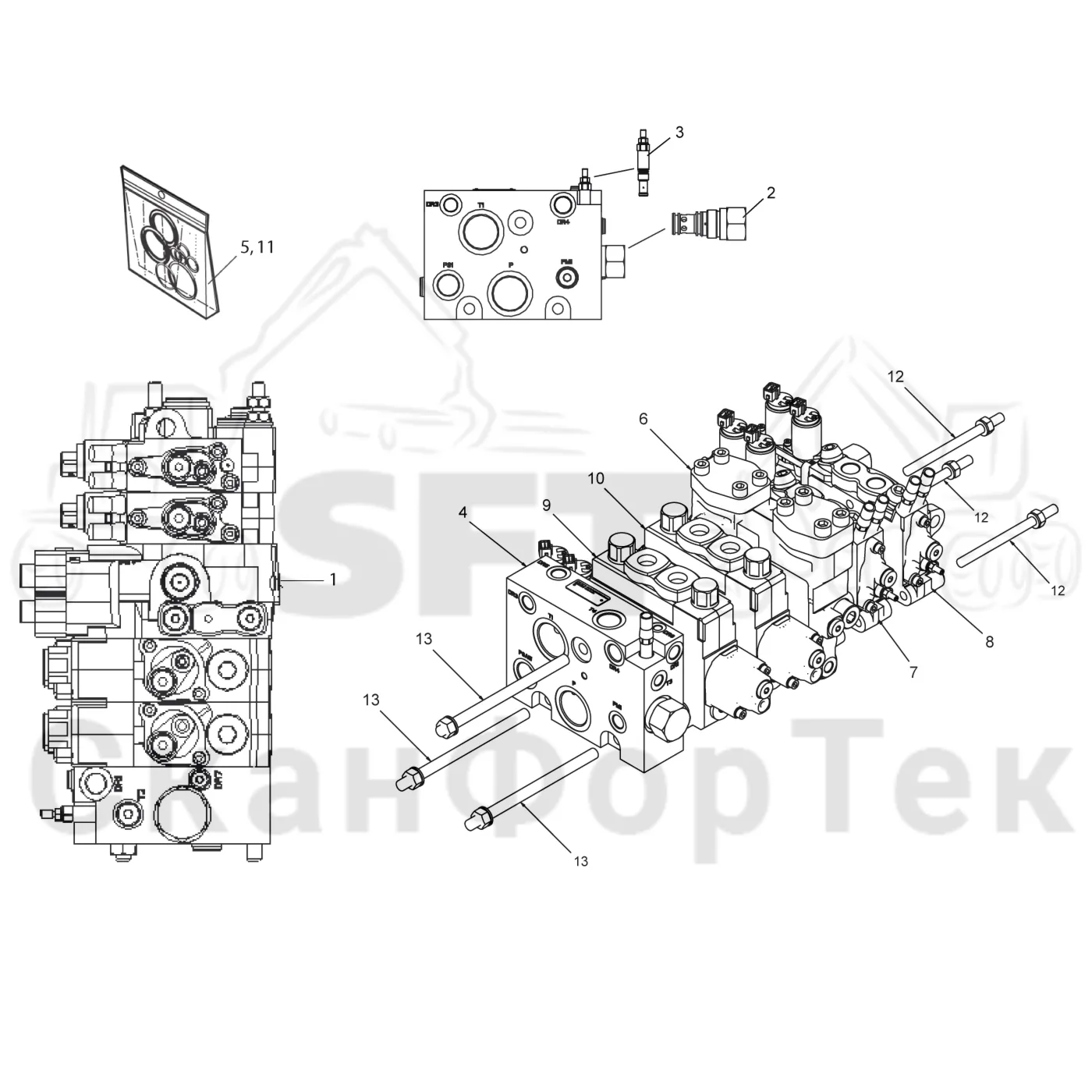 Схема: Komatsu / Лесозаготовительные машины / 951 S/N 9510004367- / Каталог запасных частей / Лесозаготовительное оборудование / Головка лесозаготовительной машины / S172 / Каталог запасных частей / Гидравлический клапан / Узел клапана / Секция клапана