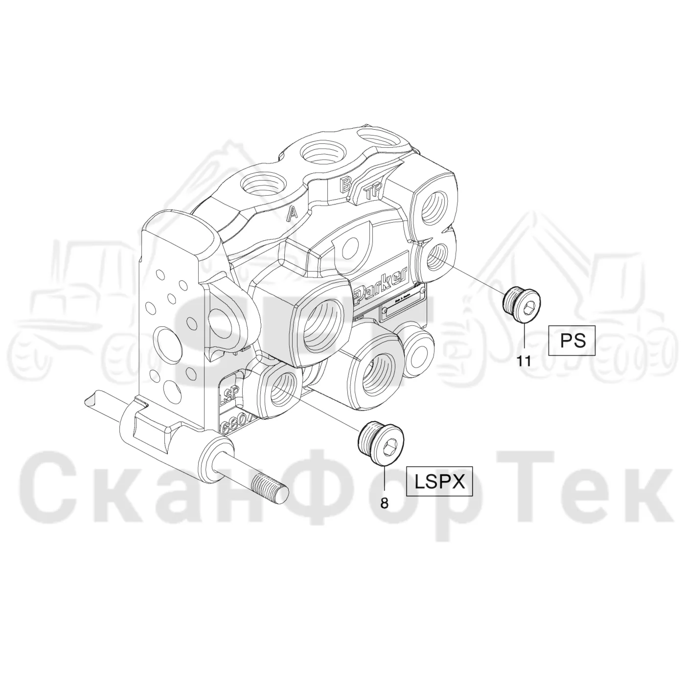 Схема: Komatsu / Лесозаготовительные машины / 931 S/N 9310021067- / Каталог запасных частей / Лесозаготовительное оборудование / Головка лесозаготовительной машины / S172 / Каталог запасных частей / Гидравлический клапан / Узел клапана / Торцевая секция L90