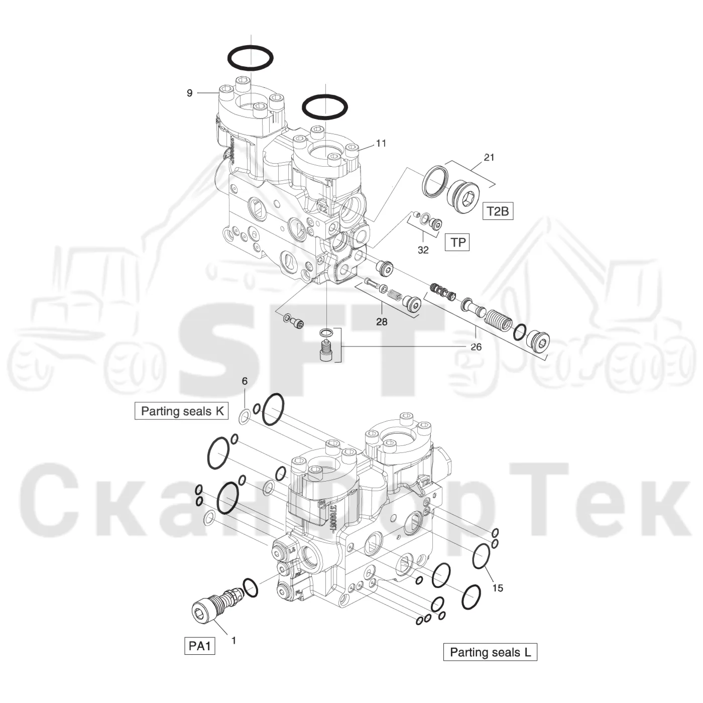 Схема: Komatsu / Лесозаготовительные машины / 931 S/N 9310021067- / Каталог запасных частей / Лесозаготовительное оборудование / Головка лесозаготовительной машины / S172 / Каталог запасных частей / Гидравлический клапан / Узел клапана / Впускной - выпускной  L90/K170