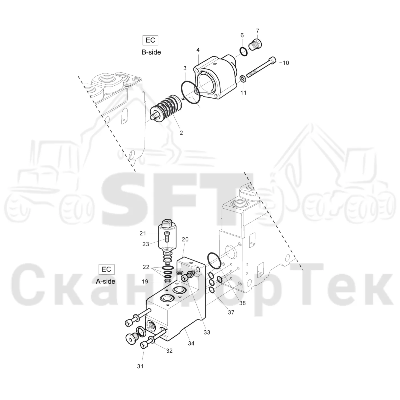 Схема: Komatsu / Лесозаготовительные машины / 951 S/N 9510004367- / Каталог запасных частей / Лесозаготовительное оборудование / Головка лесозаготовительной машины / S172 / Каталог запасных частей / Гидравлический клапан / Узел клапана / Секция клапана Подача питания EC K170