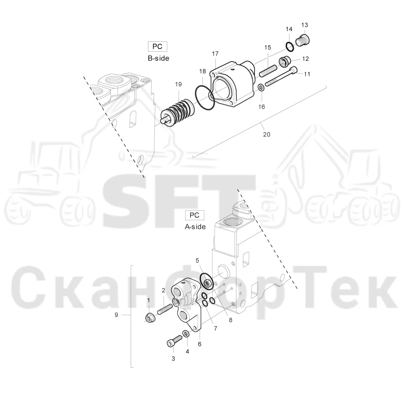 Схема: Komatsu / Лесозаготовительные машины / 951 S/N 9510004367- / Каталог запасных частей / Лесозаготовительное оборудование / Головка лесозаготовительной машины / S172 / Каталог запасных частей / Гидравлический клапан / Узел клапана / Секция клапана Подача питания PC K170