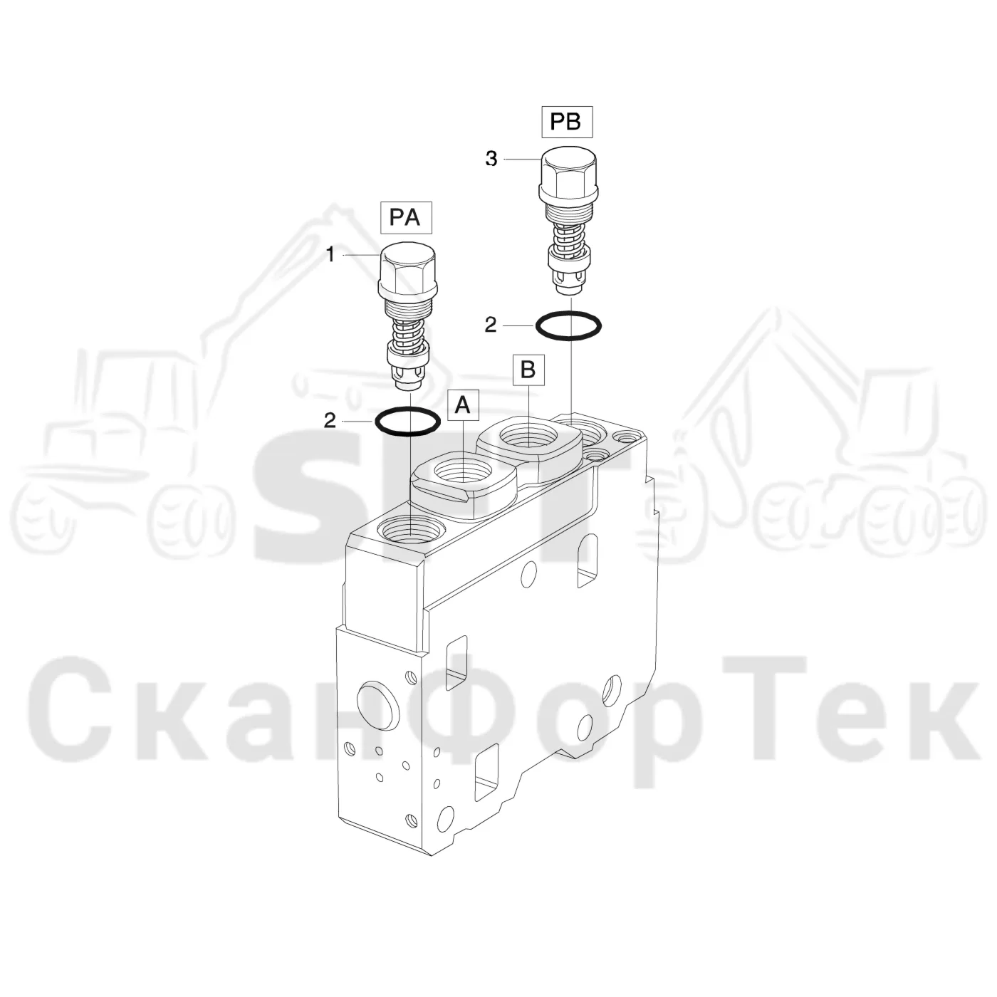 Схема: Komatsu / Лесозаготовительные машины / 931 S/N 9310021067- / Каталог запасных частей / Лесозаготовительное оборудование / Головка лесозаготовительной машины / S172 / Каталог запасных частей / Гидравлический клапан / Узел клапана / Предохранительный клапан K170