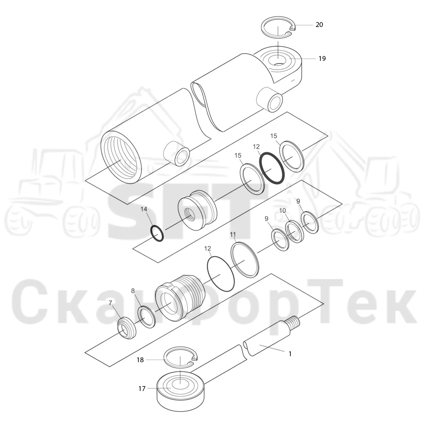 Схема: Komatsu / Форвардер / 830.3 / Каталог запасных частей / шасси / Подъемник каретки / Подъемник каретки / Запасные части цилиндра