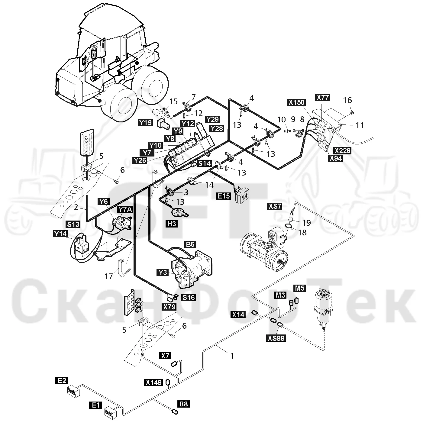 Схема: Valmet / Форвардер / Valmet 830.3 / Valmet 830.3 / Каталог запасных частей / шасси / Электрический Оборудование / Комплект кабелей передней рамы / Комплект кабелей передней рамы 311221-