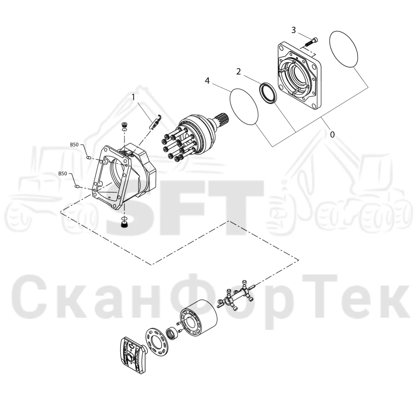 Схема: Komatsu / Форвардер / 830.3 / Каталог запасных частей / Коробка передач / Оборудование гидростатики / Подвод гидростатического шланга / Гидростатический двигатель