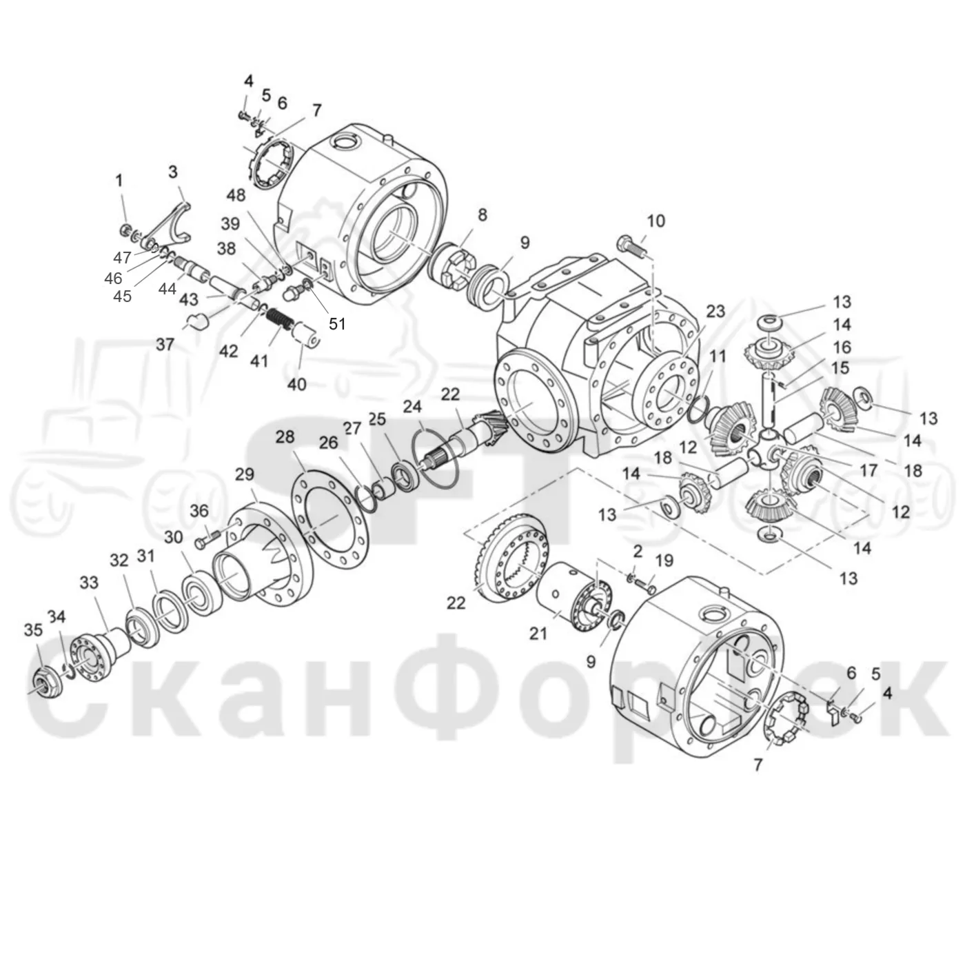 Схема: Valmet / Лесозаготовительные машины / Valmet 901.2 / Valmet 901.2 Ch. 211061- / Valmet 901.2 Ch. 211061- / Каталог запасных частей / Коробка передач / Мост каретки / Каретка дифференциала