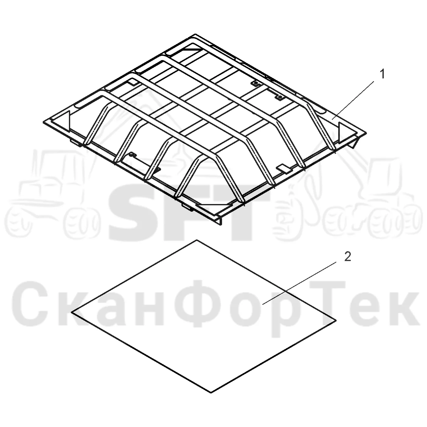 Схема: Komatsu / Форвардер / 890.3 / Каталог запасных частей / Кабина / Экраны / Потолочный солнцезащитный люк / Потолочный солнцезащитный люк polycarbonate