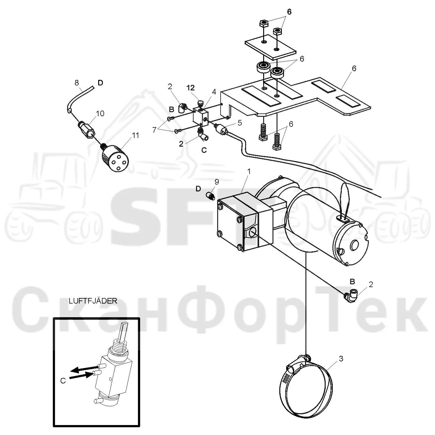 Схема: Valmet / Форвардер / Valmet 890.1 / Valmet 890.1 Ch. -117350, -119440 / Valmet 890.1 Ch. -117350, -11 / Каталог запасных частей / Кабина / Сиденья / Сиденье Be-Ge / Компресм3ор