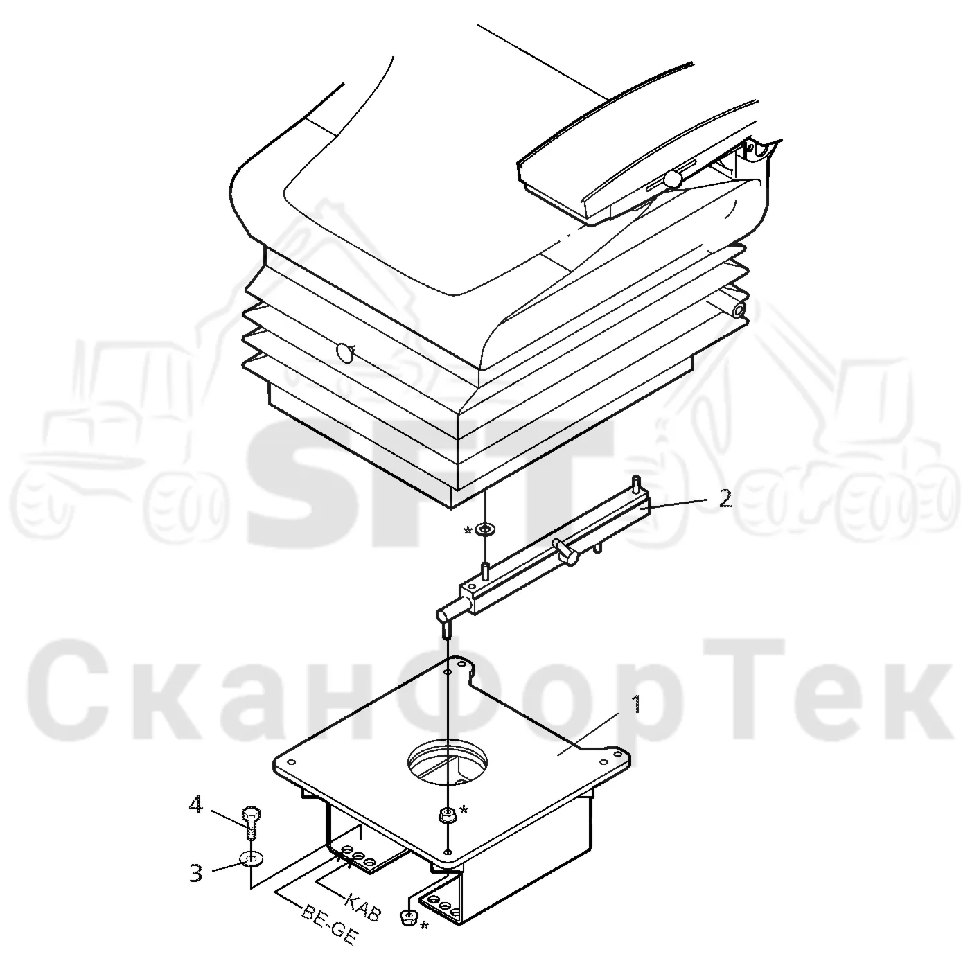 Схема: Valmet / Форвардер / Valmet 860.3 / Valmet 860.3 / Каталог запасных частей / Кабина / Сиденья / Сиденье Be-Ge / Стойка сиденья