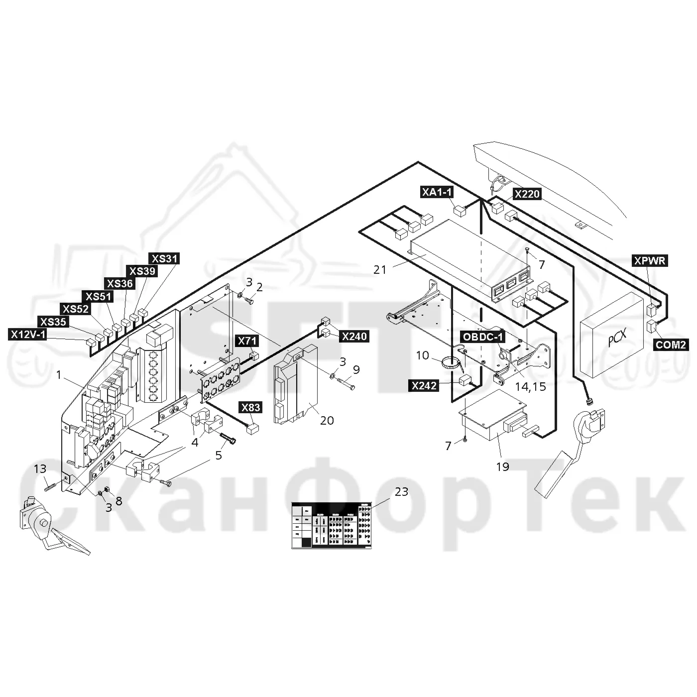 Схема: Valmet / Форвардер / Valmet 840TX / Valmet 840TX / Каталог запасных частей / Кабина / Электрический / Комплект электрооборудования кабины