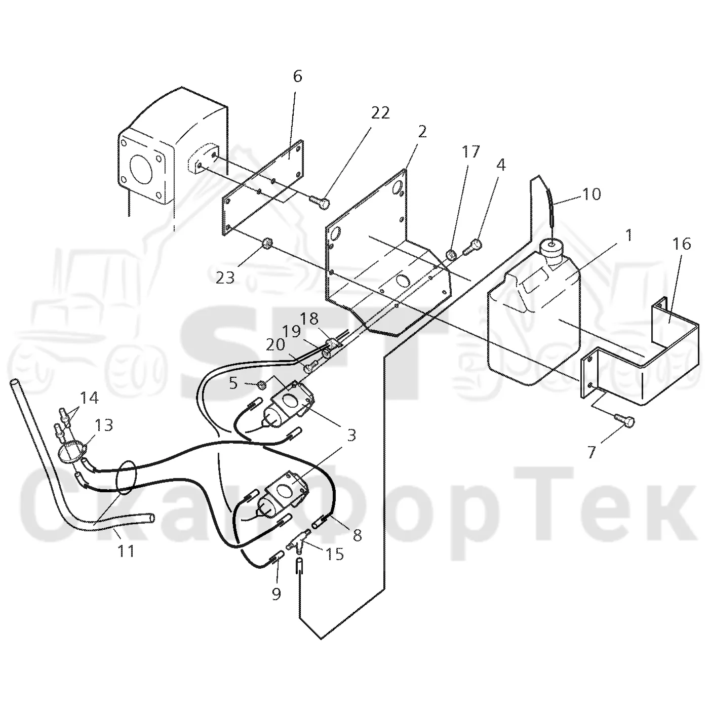 Схема: Valmet / Форвардер / Valmet 840.2 / Valmet 840.2 Ch. 211121- / Valmet 840.2 Ch. 211121- / Каталог запасных частей / Кабина / Рабочие лампы и стеклоочиститель / Рабочие лампы и стеклоочиститель / Стеклоомыватель
