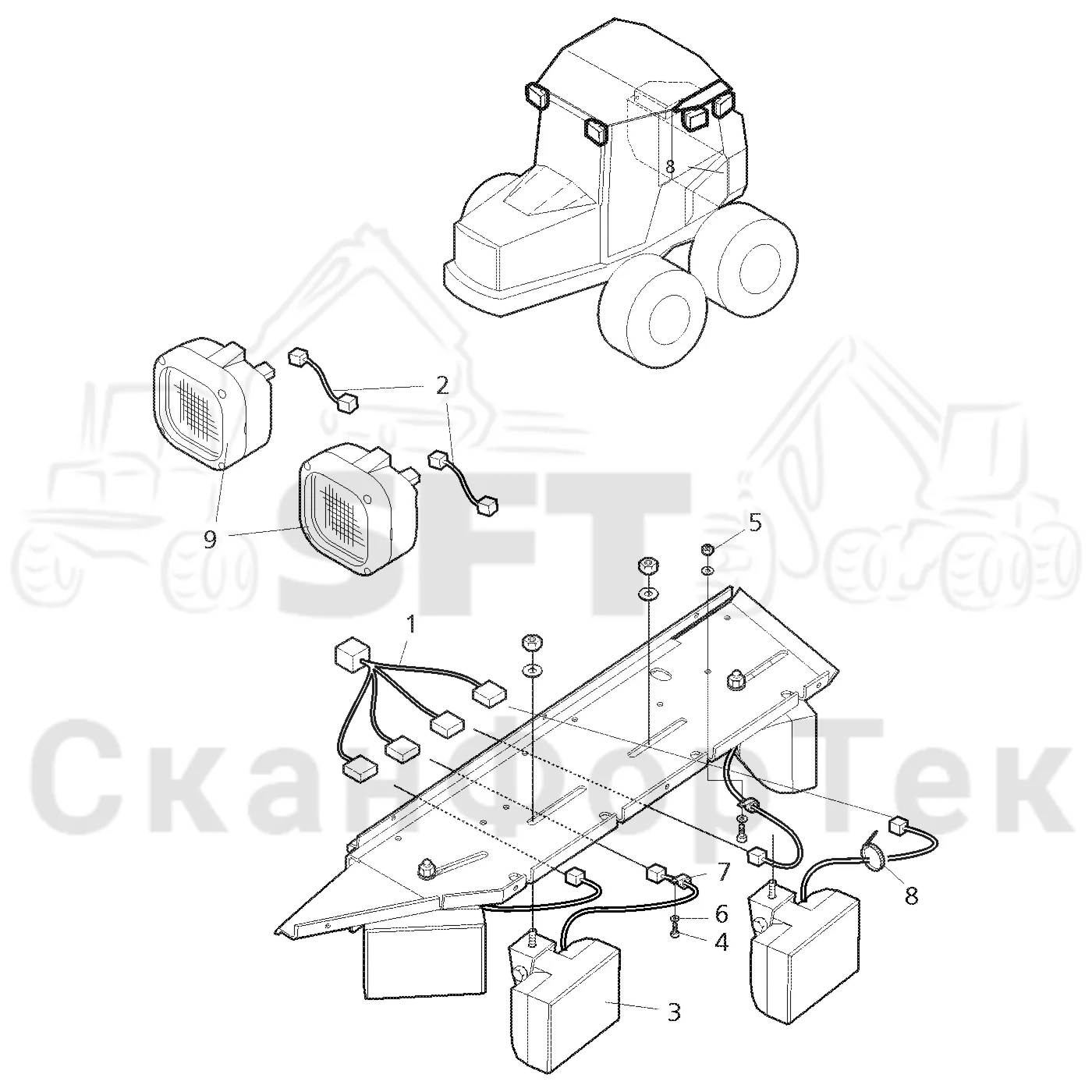Схема: Valmet / Форвардер / Valmet 860.3 / Valmet 860.3 / Каталог запасных частей / Кабина / Рабочие лампы и стеклоочиститель / Рабочие лампы, галогеновые / Рабочие лампы, галогеновые