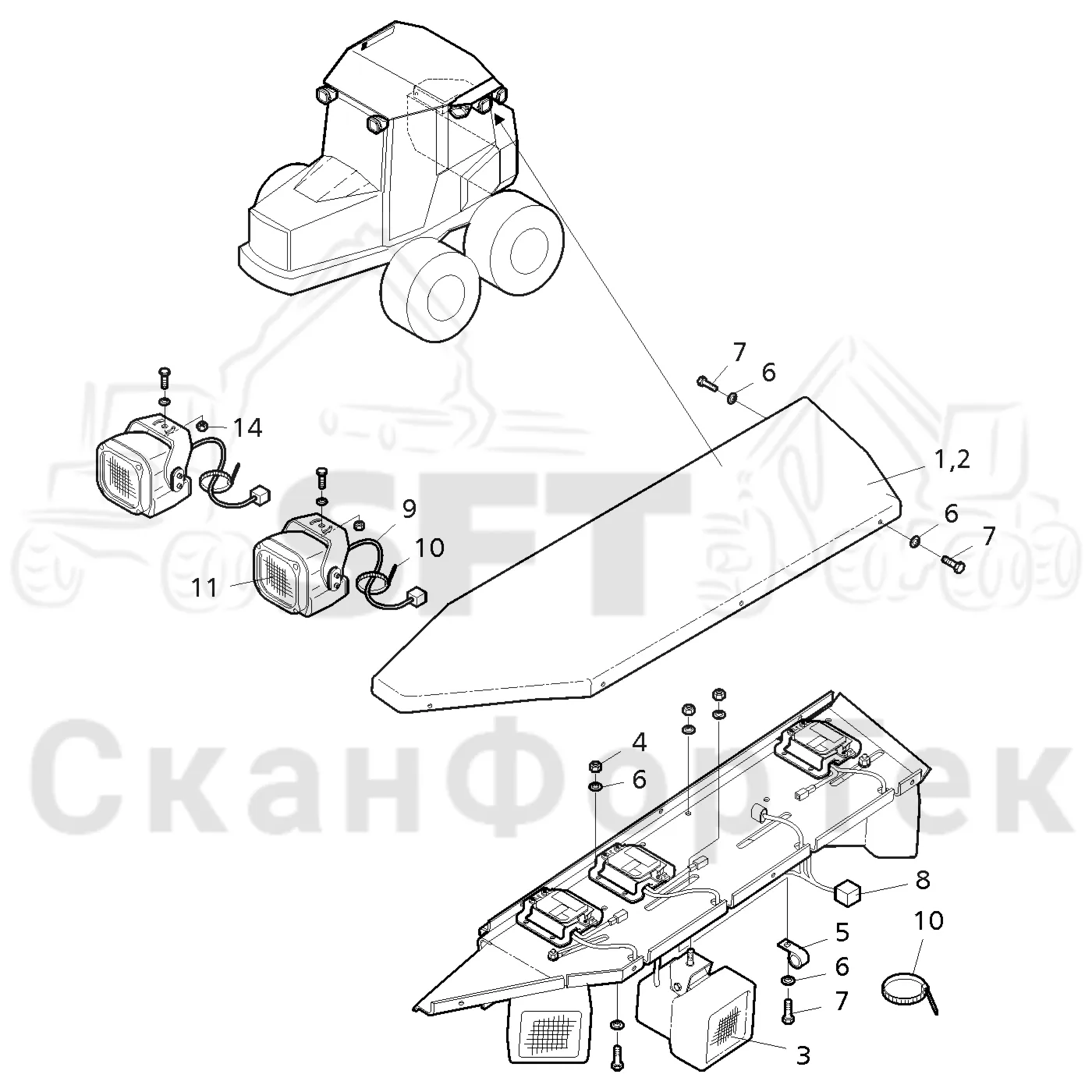 Схема: Komatsu / Форвардер / 840.4 / Каталог запасных частей / Кабина / Рабочие лампы и стеклоочиститель / Рабочие лампы, ксеноновые / Рабочие лампы, ксеноновые
