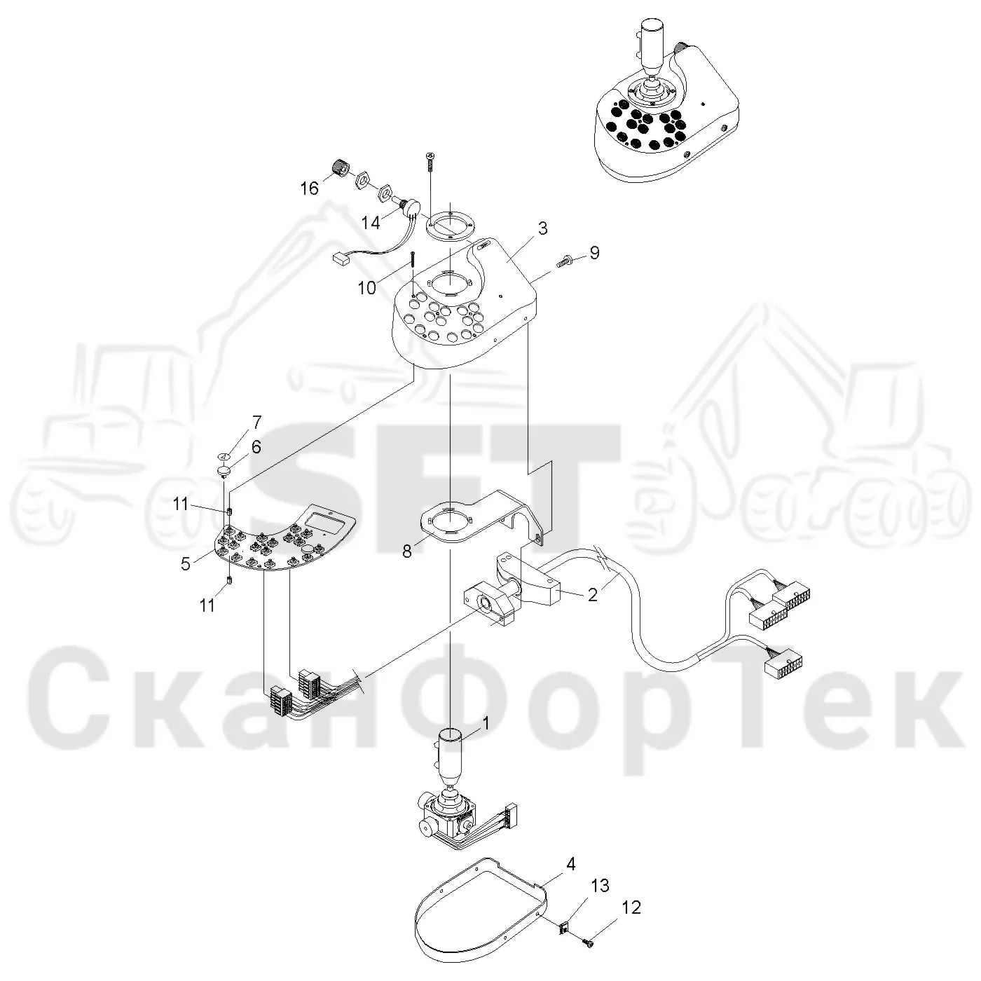 Схема: Valmet / Форвардер / Valmet 840.4 / Valmet 840.4 / Каталог запасных частей / Система управления / Регулятор / Электрический набор Малогабаритные рычаги / Рычаги управления левый