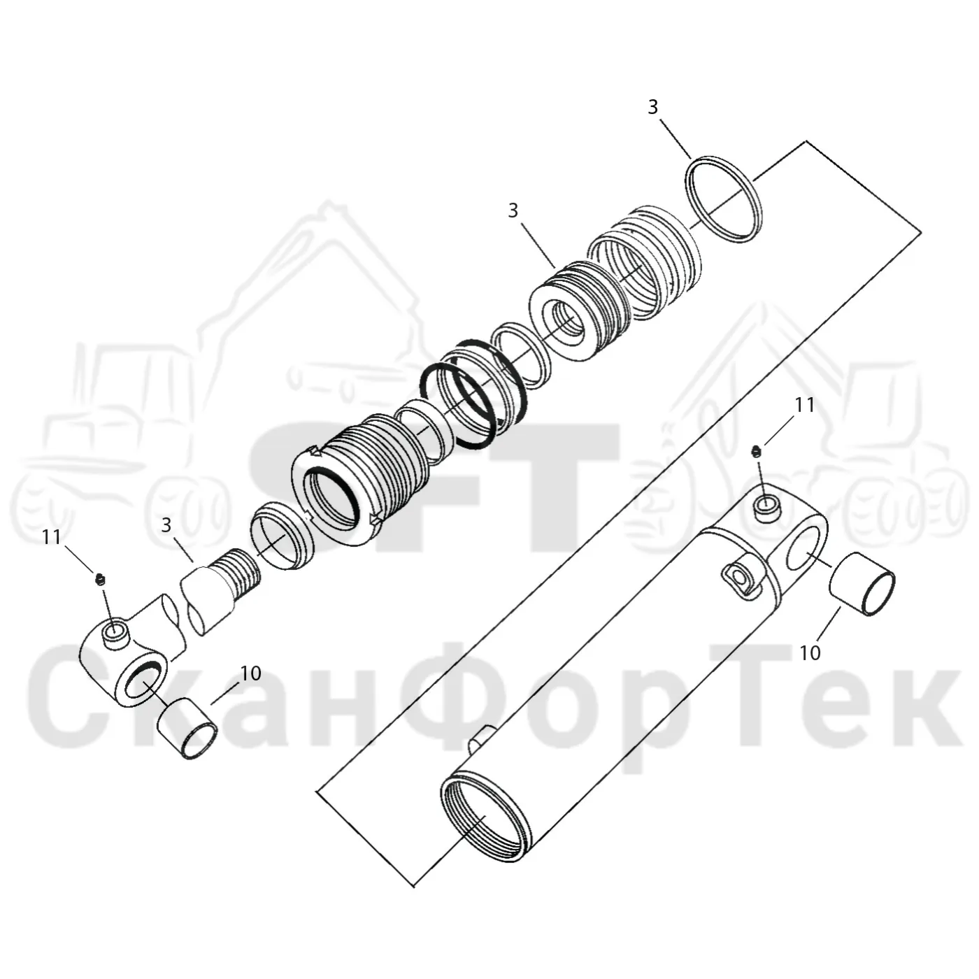 Схема: Komatsu / Форвардер / 830.3 / Каталог запасных частей / Оборудование захвата / Захват / Захват E 28 / Цилиндр