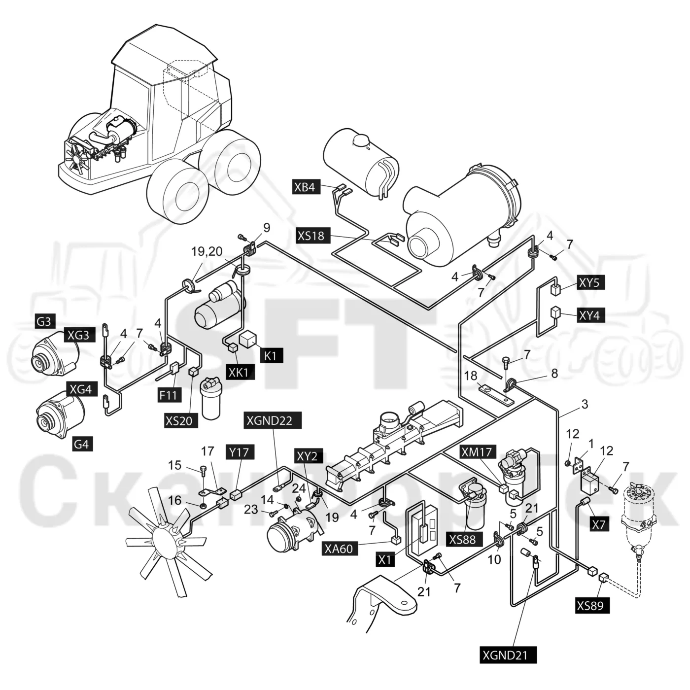 Схема: Valmet / Форвардер / Valmet 890.3 / Valmet 890.3 / Каталог запасных частей / Двигатель / Двигатель 310429- / Комплект электрооборудования / Комплект кабелей двигателя 8900030661-