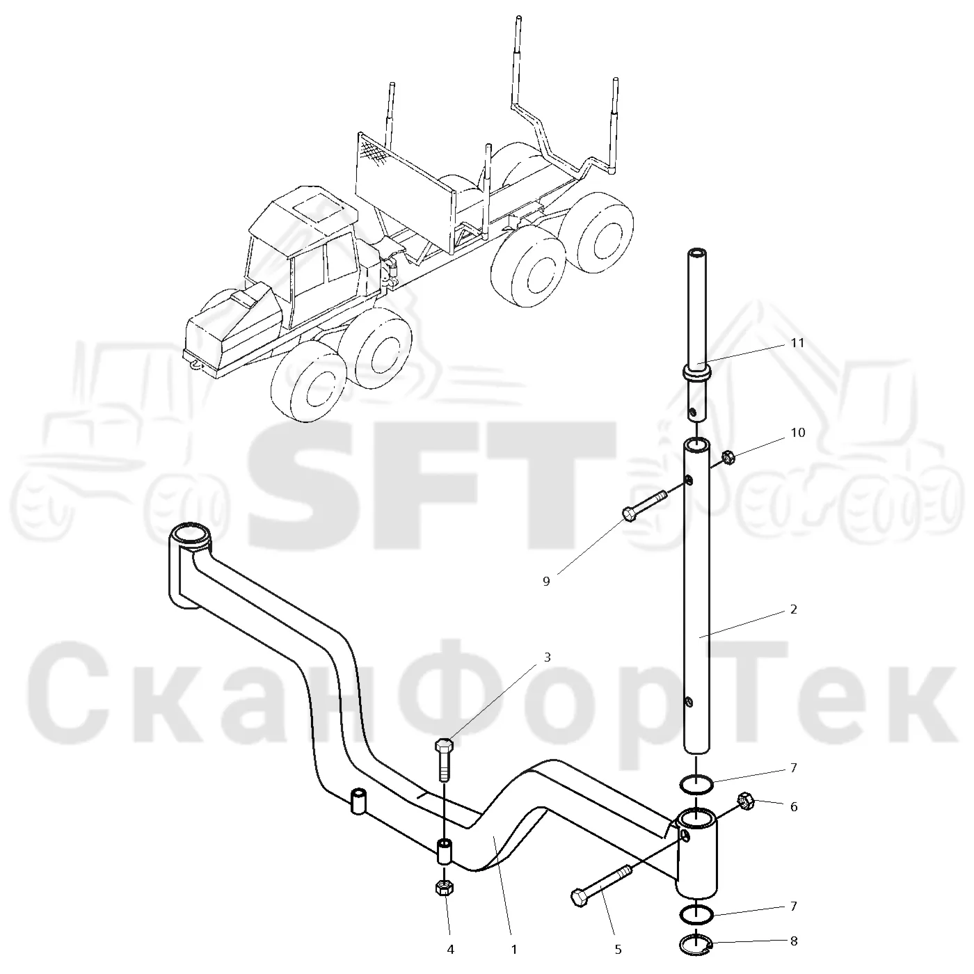 Схема: Valmet / Форвардер / Valmet 890.2 / Valmet 890.2 / Каталог запасных частей / шасси / Зона погрузки / Коники и опоры / Коники и опоры