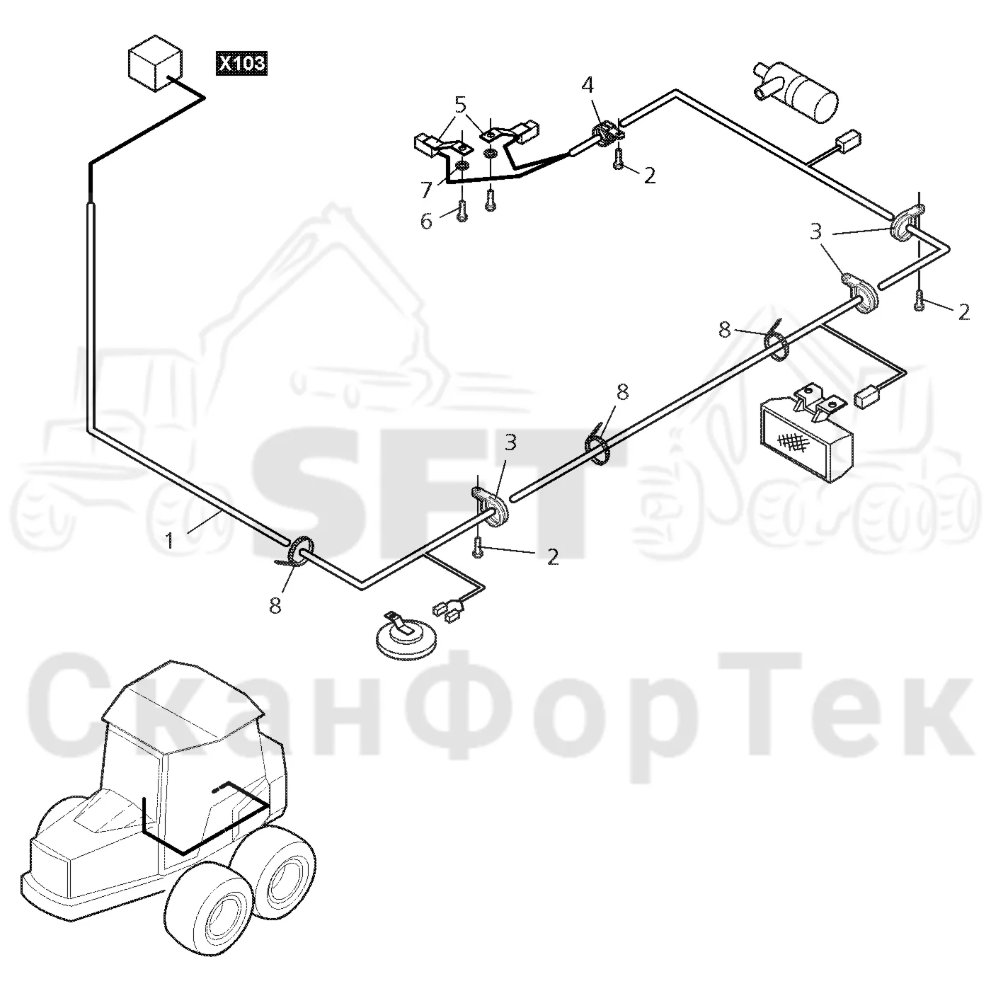 Схема: Valmet / Форвардер / Valmet 840TX / Valmet 840TX / Каталог запасных частей / шасси / Электрический Оборудование / Комплект кабелей передней рамы / Комплект кабелей