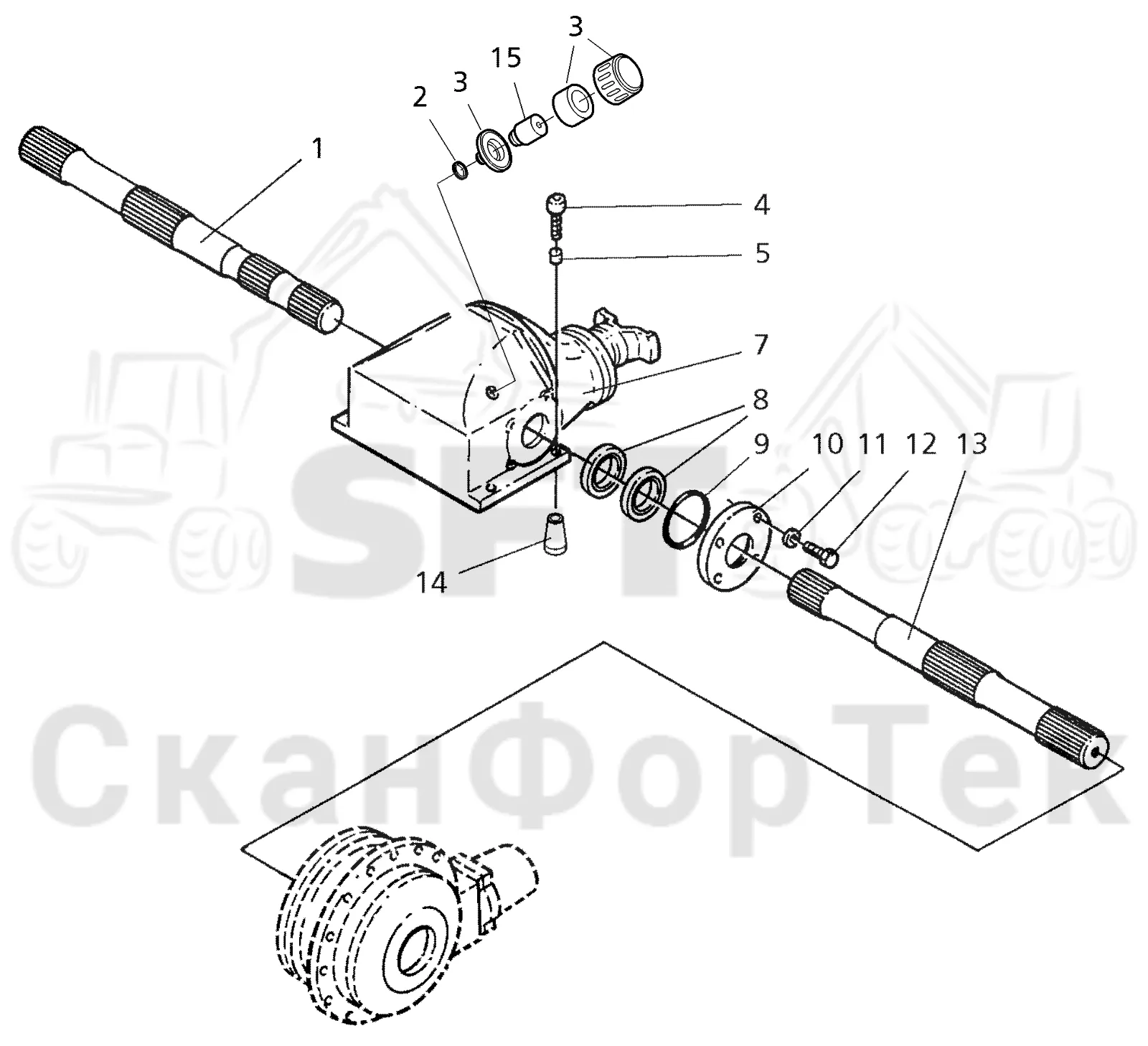 Схема: Valmet / Форвардер / Valmet 890.2 / Valmet 890.2 / Каталог запасных частей / Коробка передач / Мост каретки / Передний агрегат каретки / Каретка дифференциала передняя