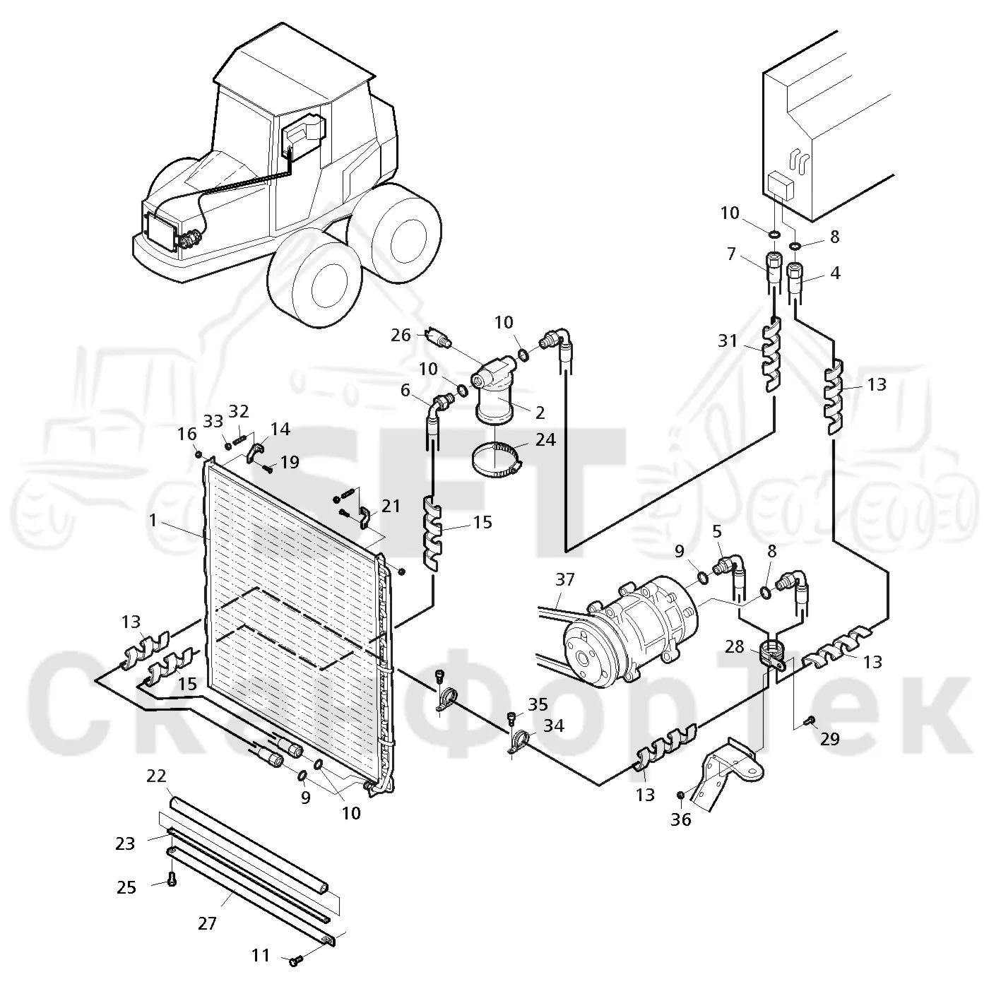 Схема: Valmet / Форвардер / Valmet 890.3 / Valmet 890.3 / Каталог запасных частей / Кабина / Система обогрева и охлаждения / Агрегат кондиционирования воздуха / Агрегат кондиционирования воздуха  310371-