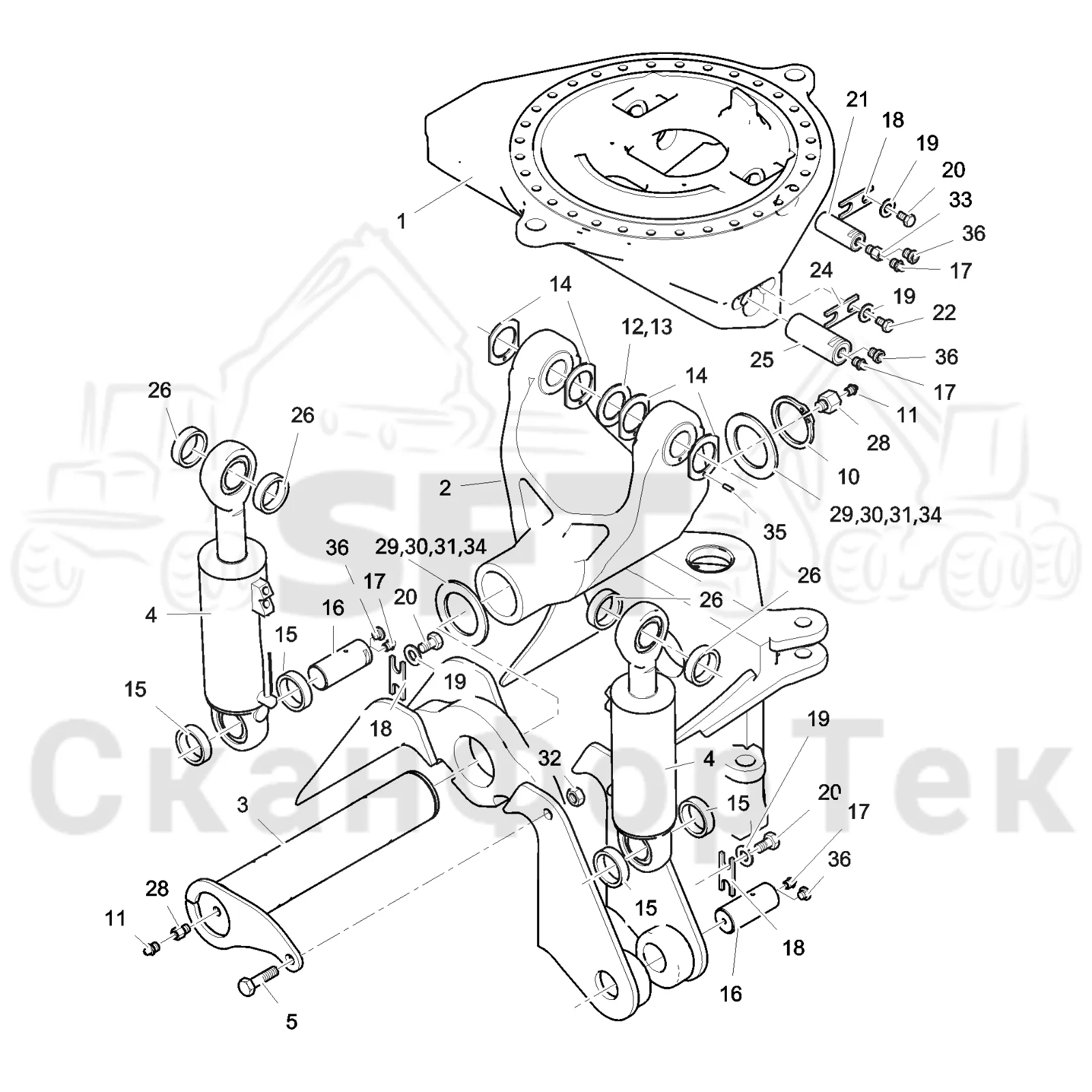 Схема: Valmet / Лесозаготовительные машины / Valmet 901.3 / Valmet 901.3 Ch. 311191- / Valmet 901.3 Ch. 311191- / Каталог запасных частей / шасси / Оборудование наклона / Механизмы оборудования наклона 311268-