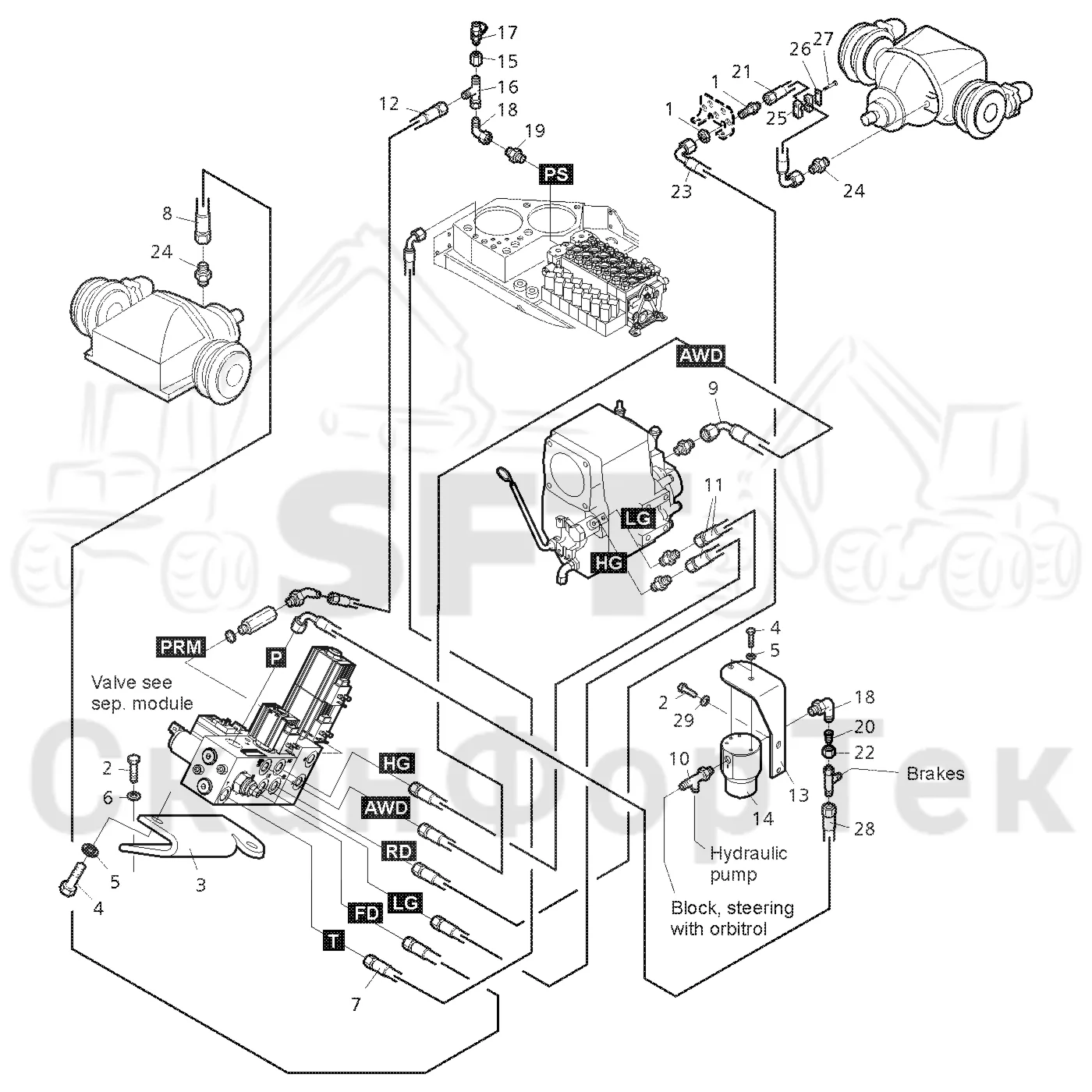 Схема: Valmet / Форвардер / Valmet 890.3 / Valmet 890.3 / Каталог запасных частей / Гидравлика / Клапан обслуживания / Клапан обслуживания на 8 колес