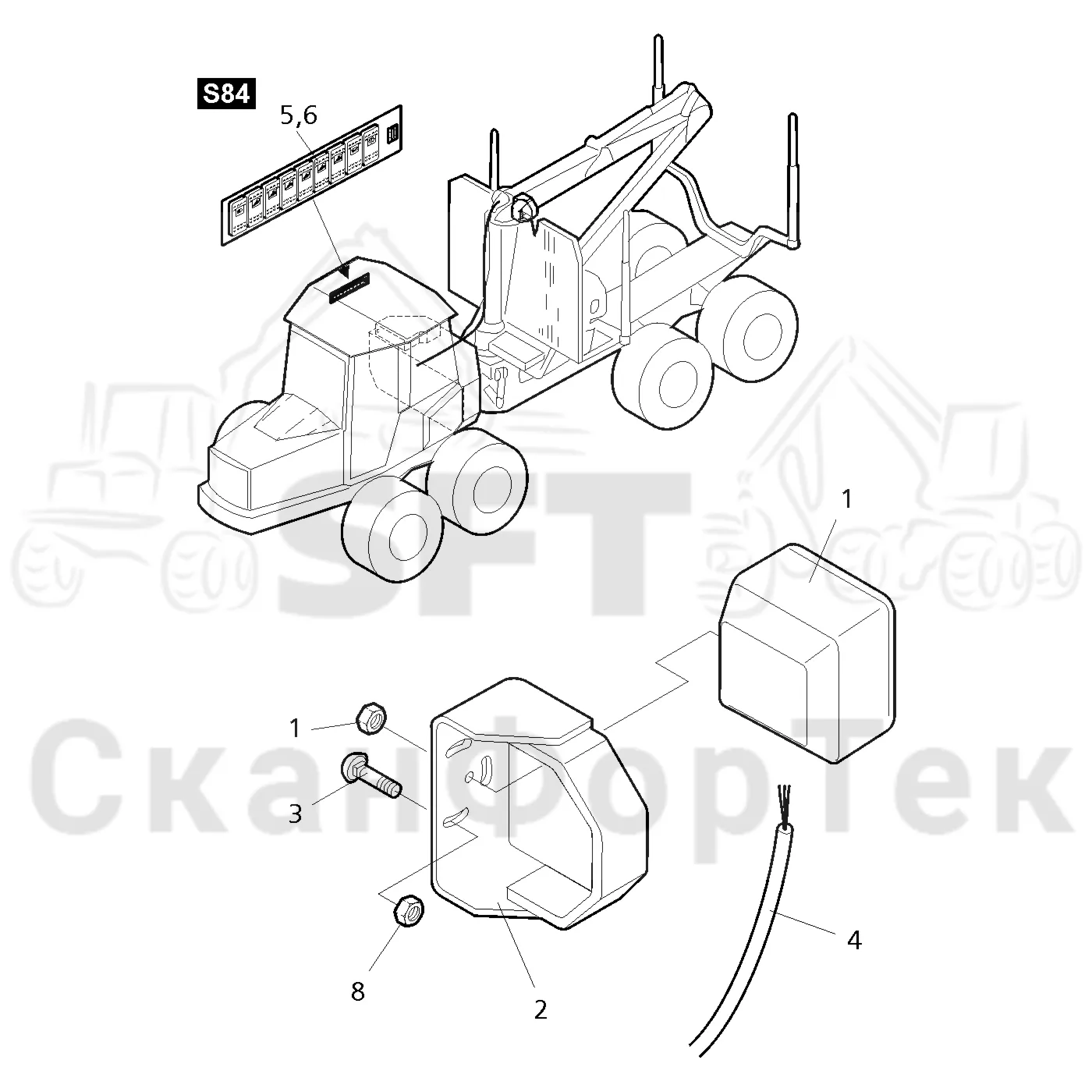 Схема: Valmet / Форвардер / Valmet 840.3 / Valmet 840.3 Ch. 311174- / Valmet 840.3 Ch. 311174- / Каталог запасных частей / Подъемный кран / Рабочие лампы / ксеноновые / Пост освещения подъемного крана