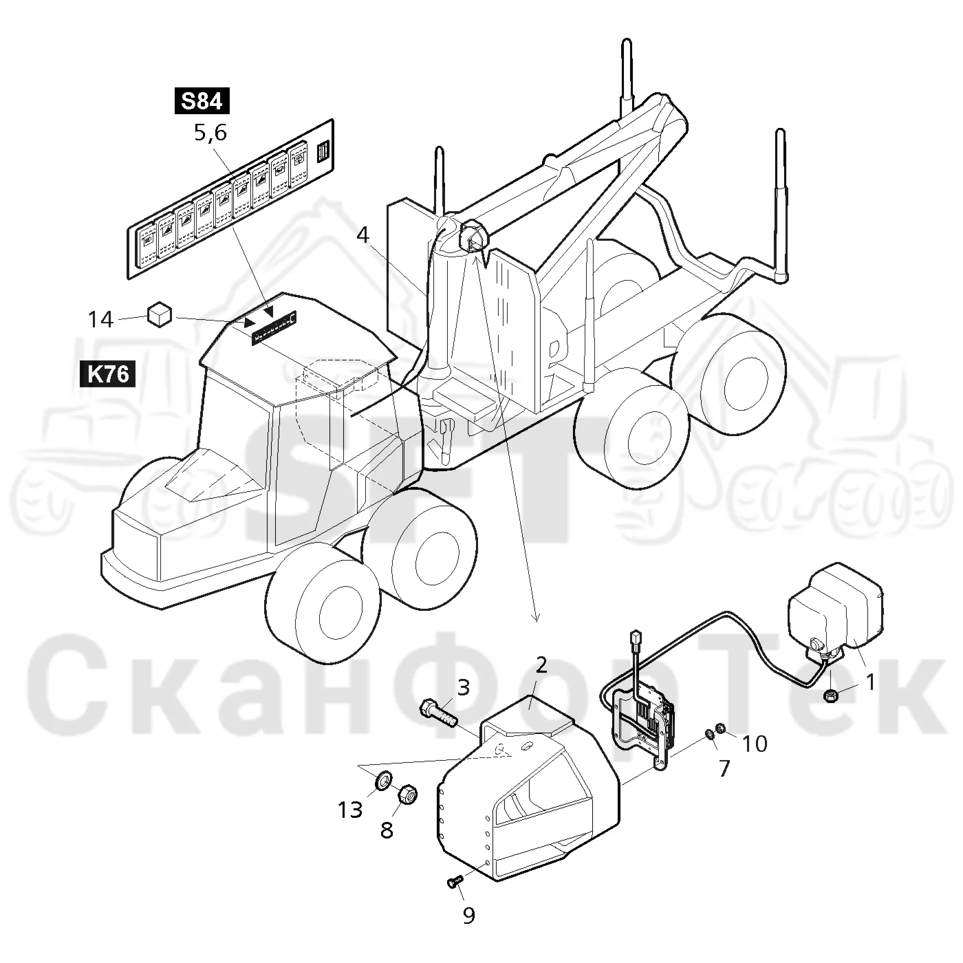 Схема: Valmet / Форвардер / Valmet 840.3 / Valmet 840.3 Ch. -311173 / Valmet 840.3 Ch. -311173 / Каталог запасных частей / Подъемный кран / Рабочие лампы / ксеноновые / Пост освещения подъемного крана