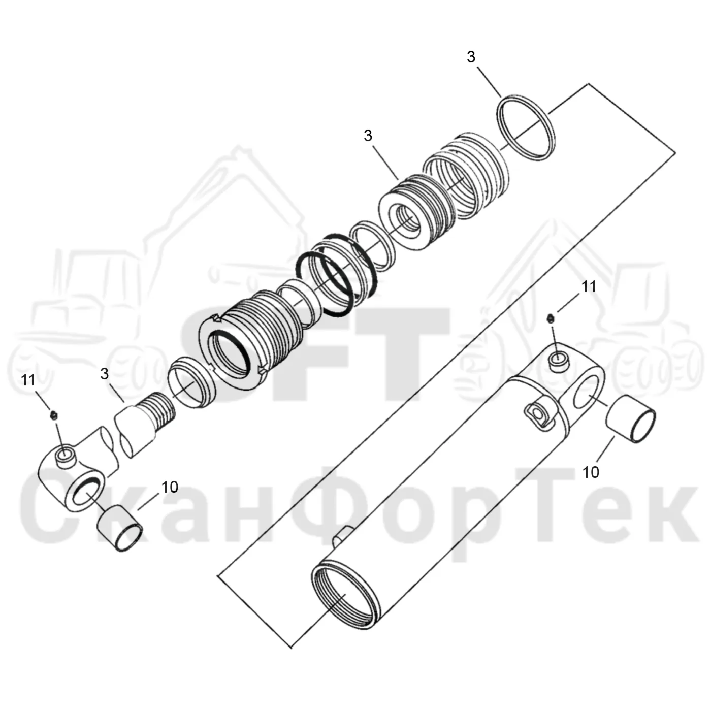 Схема: Komatsu / Форвардер / 840.4 / Каталог запасных частей / Оборудование захвата / Захват / Захват E 36 / Цилиндр