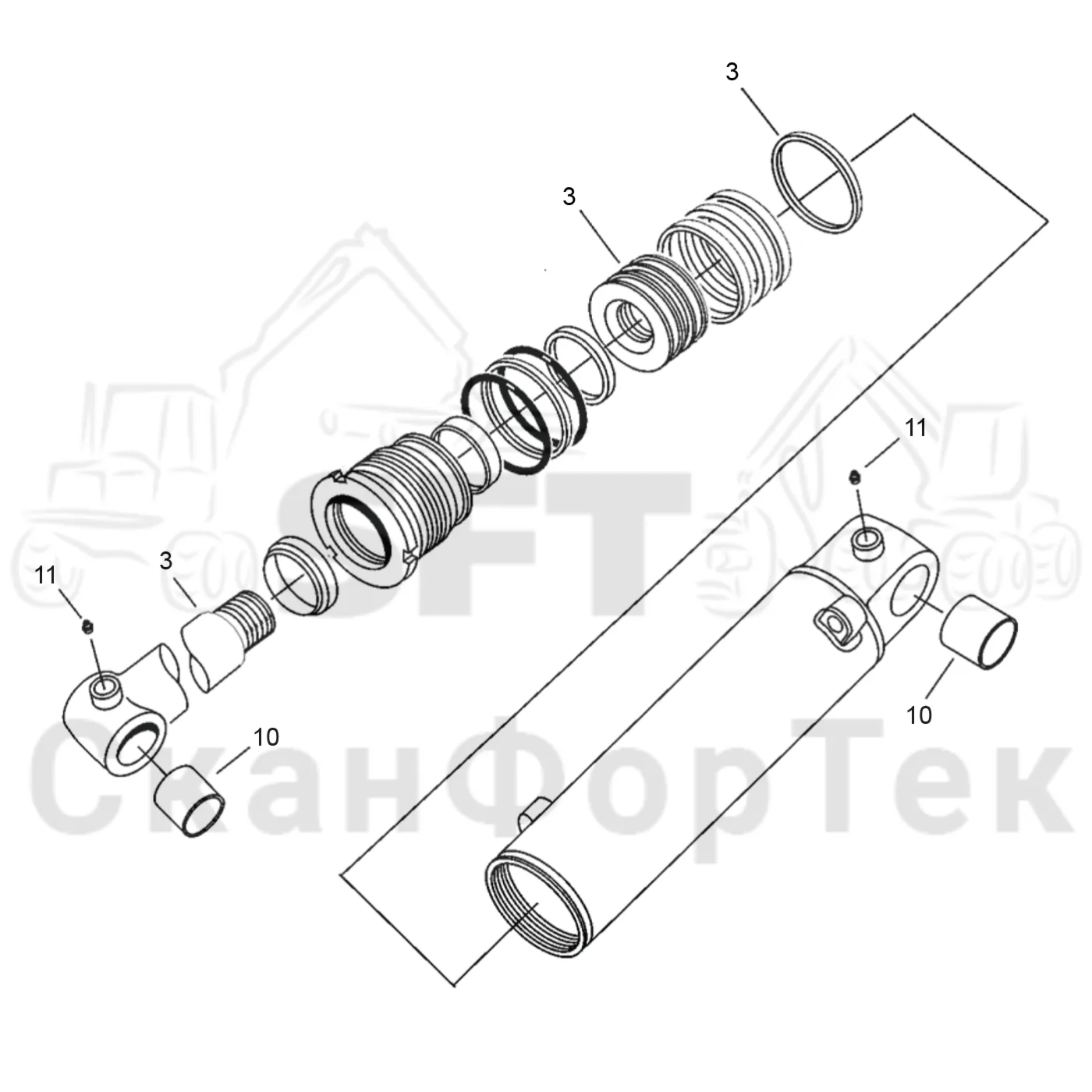 Схема: Komatsu / Форвардер / 895 S/N 8950011010- / Каталог запасных частей / Оборудование захвата / Захват / Захват G 40 / Цилиндр