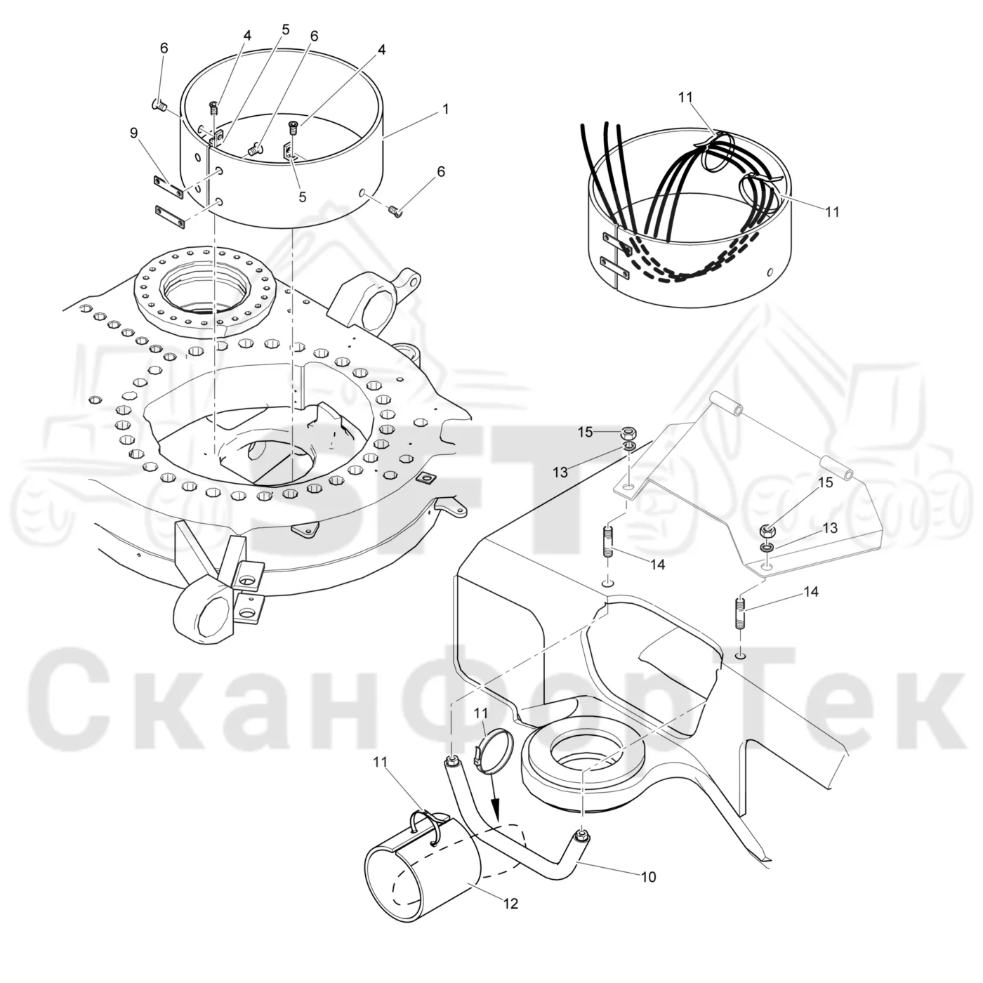 Схема: Komatsu / Лесозаготовительные машины / 901TX .1 / Каталог запасных частей / шасси / Оборудование наклона / Прокладка шланга под кабину