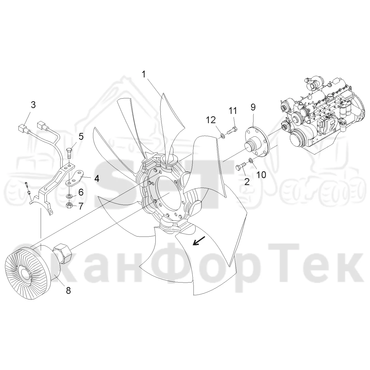 Схема: Komatsu / Форвардер / 860.4 / Каталог запасных частей / Двигатель / Система охлаждения / Вентилятор / Вентилятор Visco Электрический 8600040958-
