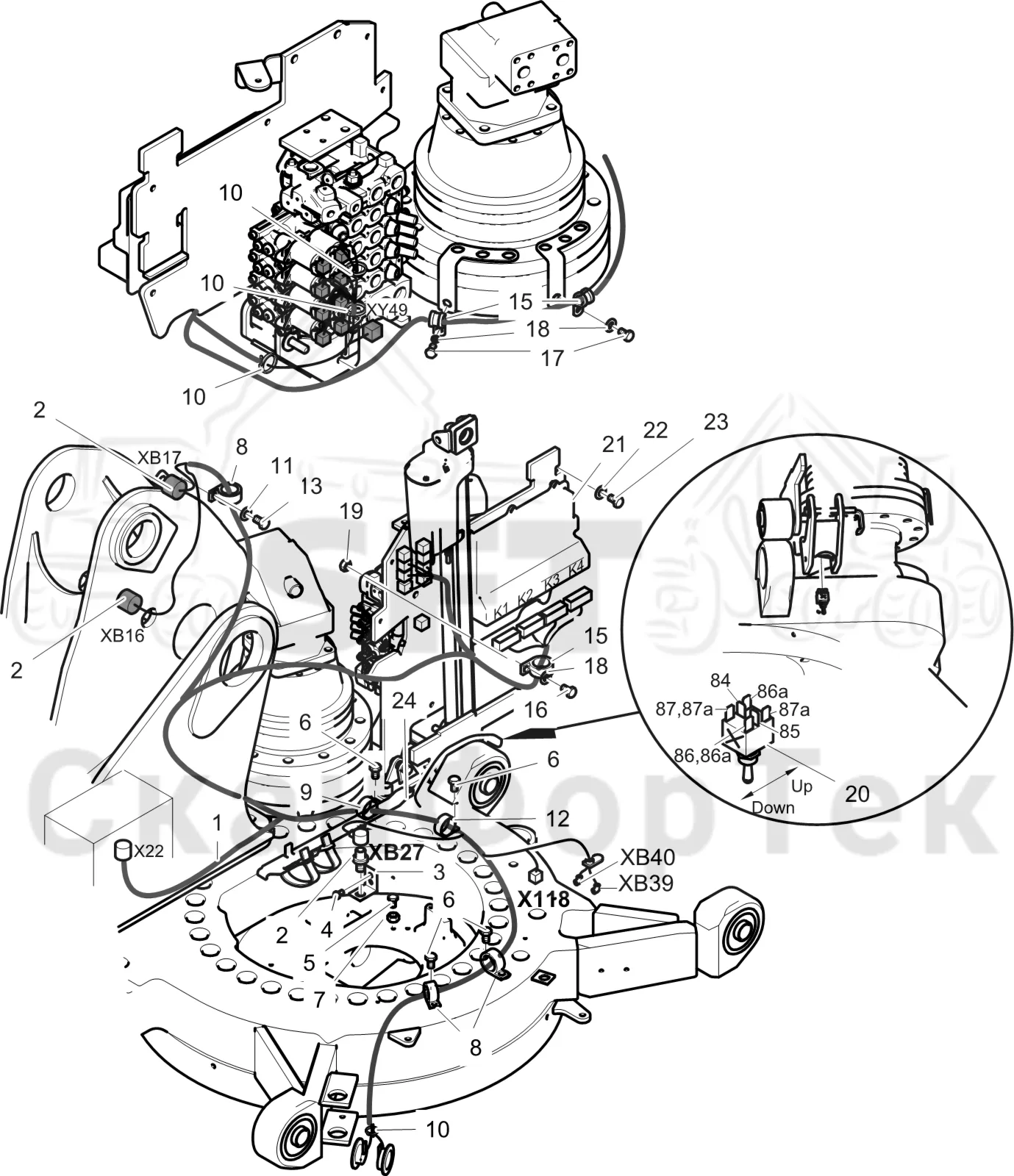 Схема: Komatsu / Лесозаготовительные машины / 901TX .1 / Каталог запасных частей / шасси / Оборудование наклона / Комплект электрооборудования наклона