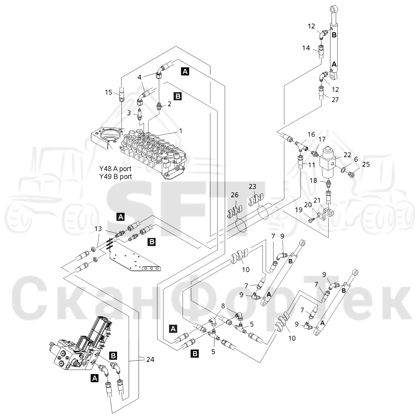 Схема: Valmet / Форвардер / Valmet 840.4 / Valmet 840.4 / Каталог запасных частей / шасси / Зона погрузки / Gate hydraulic movable / Gate expanding hydraulics