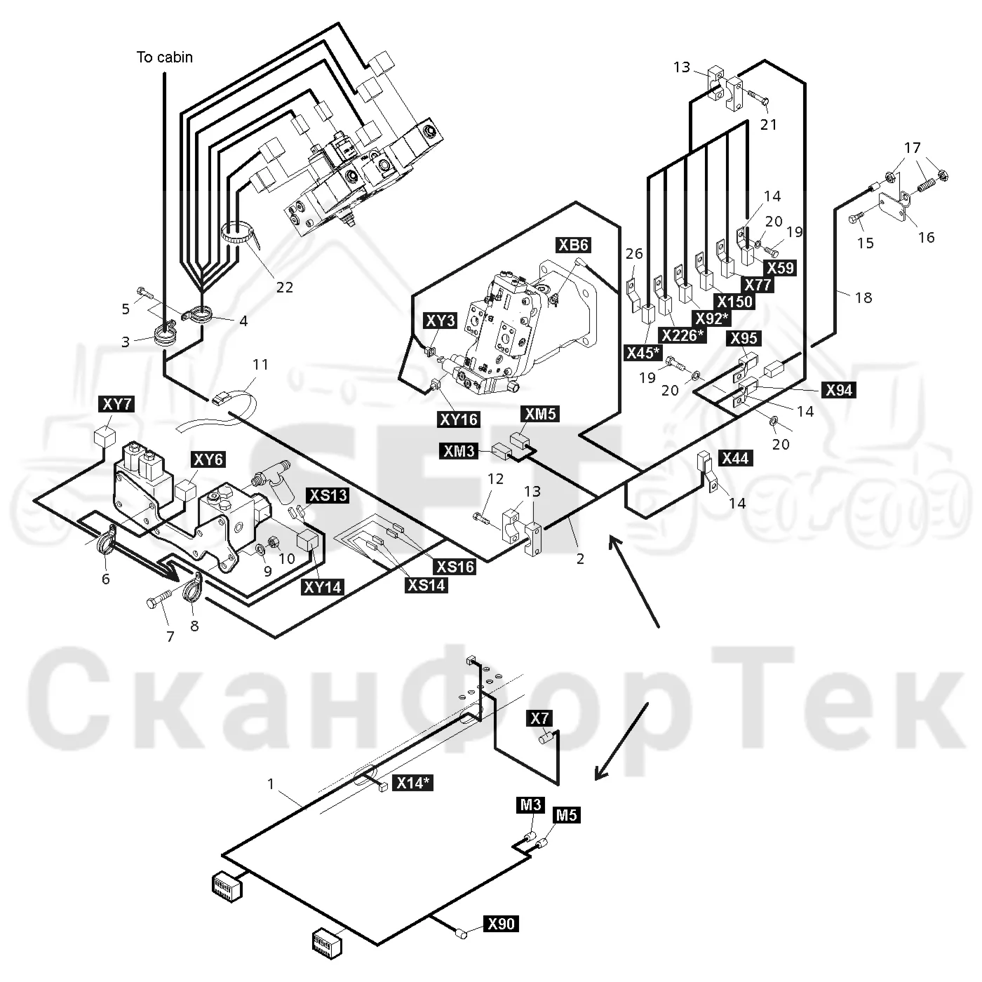 Схема: Valmet / Форвардер / Valmet 840TX / Valmet 840TX / Каталог запасных частей / шасси / Электрический Оборудование / Комплект кабелей передней рамы / Комплект кабелей передней рамы