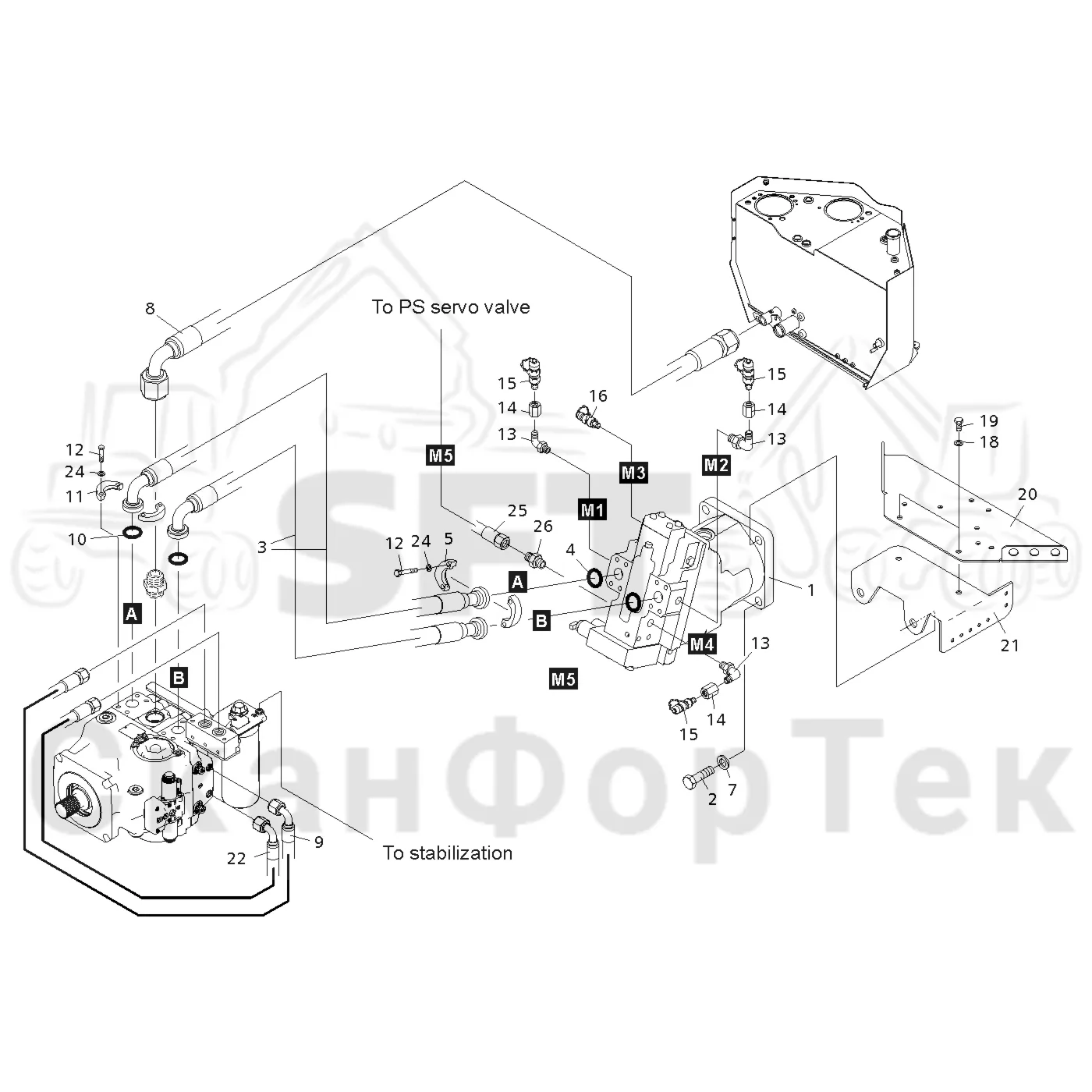 Схема: Valmet / Форвардер / Valmet 860.4 / Valmet 860.4 / Каталог запасных частей / Коробка передач / Оборудование гидростатики / Подвод гидростатического шланга / Подвод гидростатического шланга 411511-