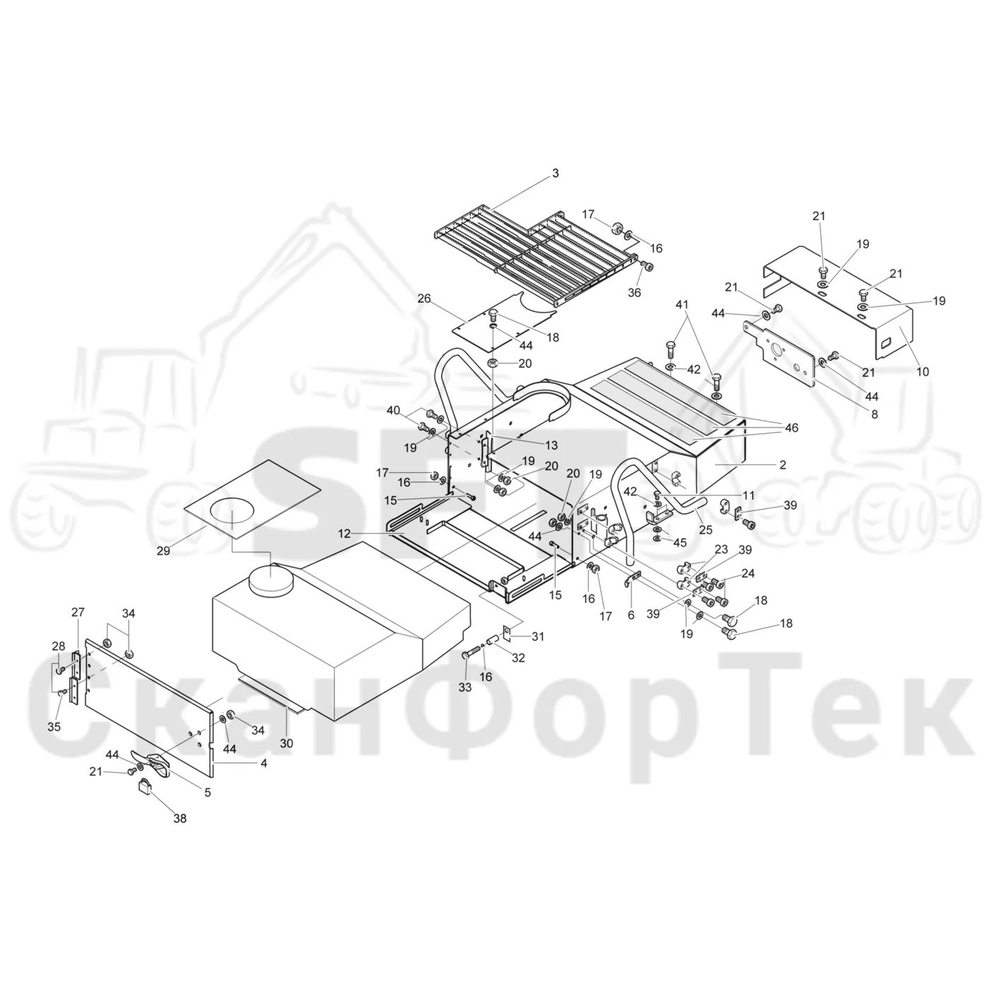 Схема: Komatsu / Лесозаготовительные машины / 901TX / Каталог запасных частей / шасси / Инструмент. Корчевка пней / Коробка с инструментом
