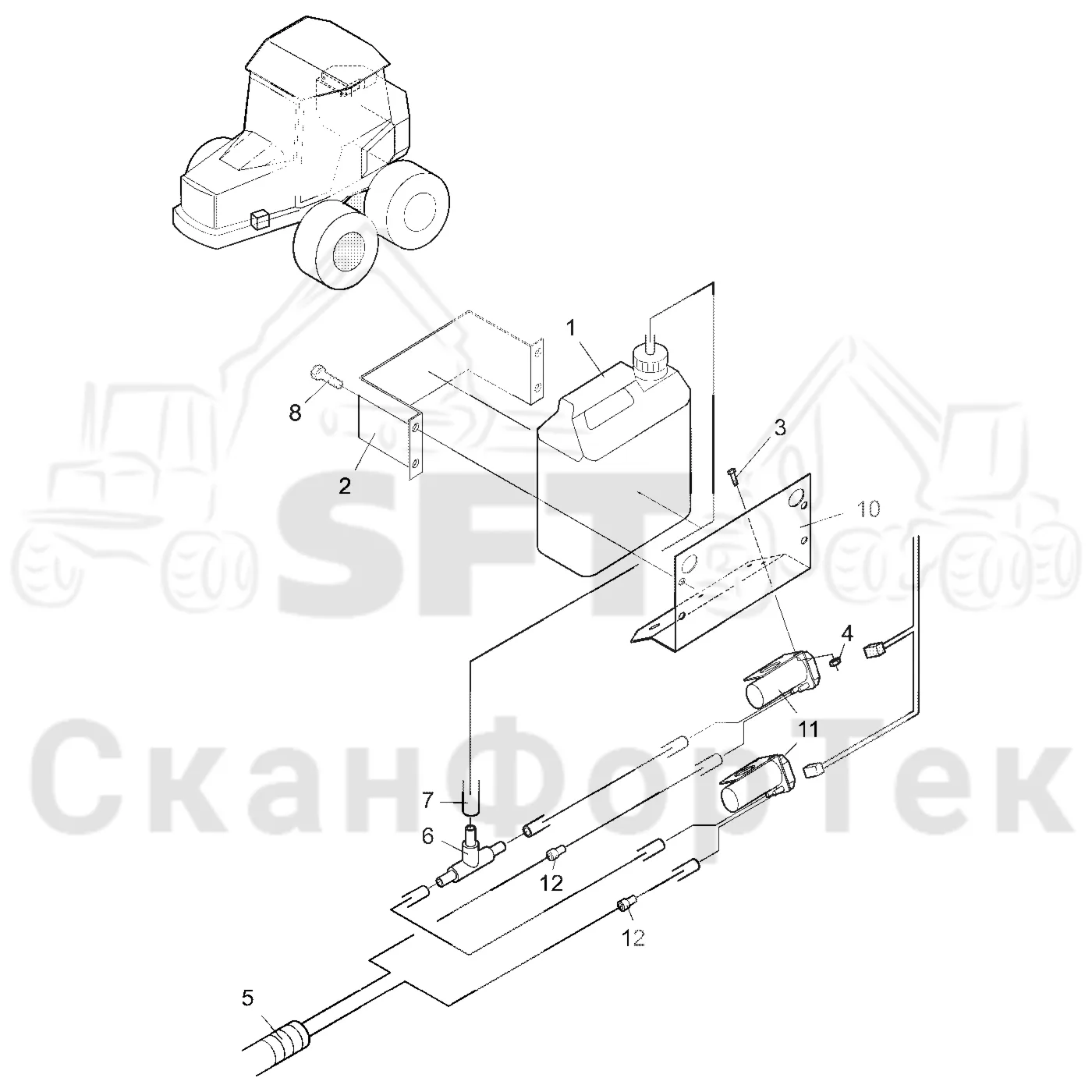 Схема: Komatsu / Форвардер / 890.3 / Каталог запасных частей / Кабина / Рабочие лампы и стеклоочиститель / Рабочие лампы и стеклоочиститель / Стеклоомыватель / Стеклоомыватель 8900030971-