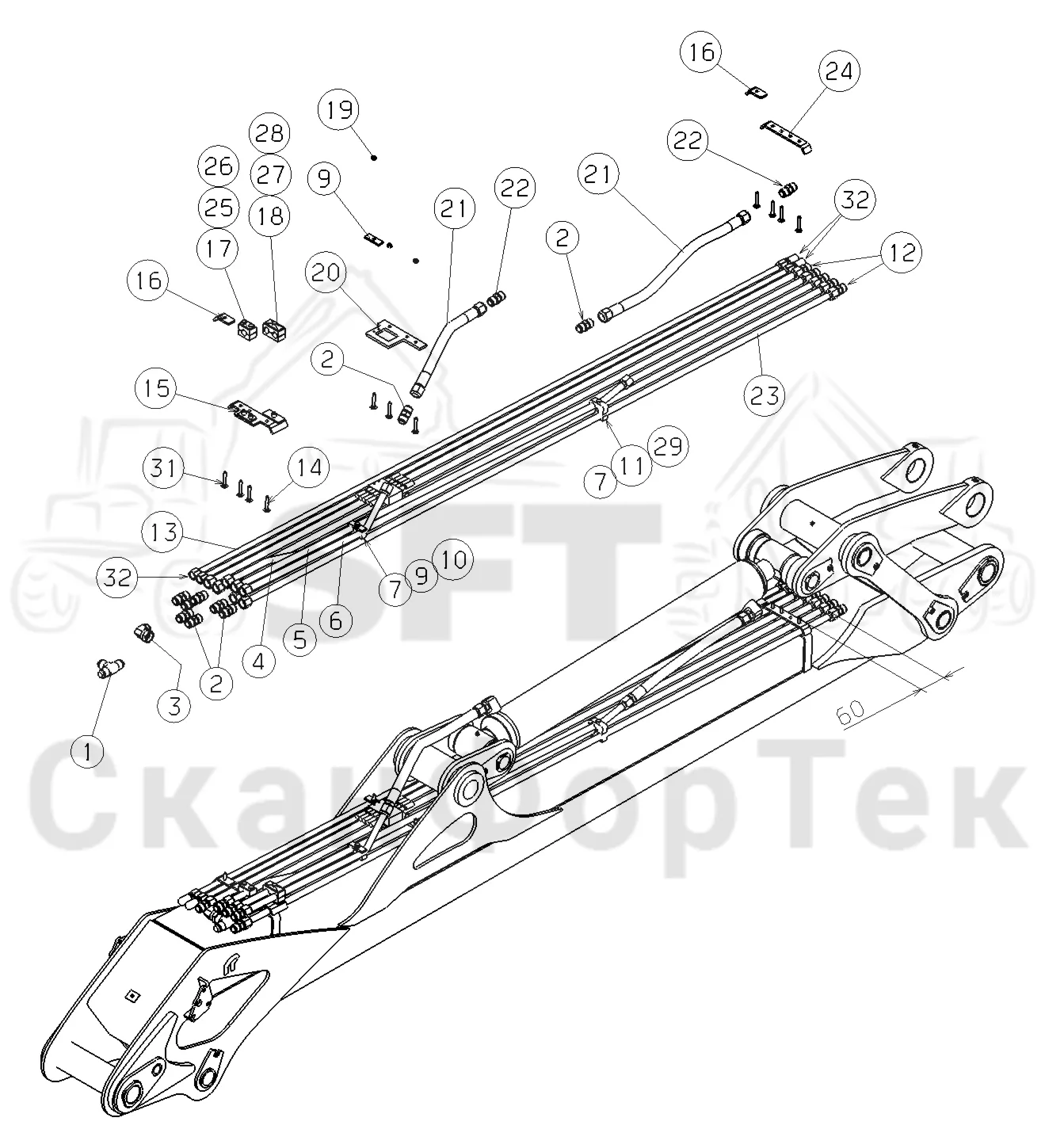 Схема: Komatsu / Форвардер / 840TX / Каталог запасных частей / Подъемный кран / Первая стрела / Элементы гидравлической системы / Трубопроводы и шланги 7,8/9,6 m