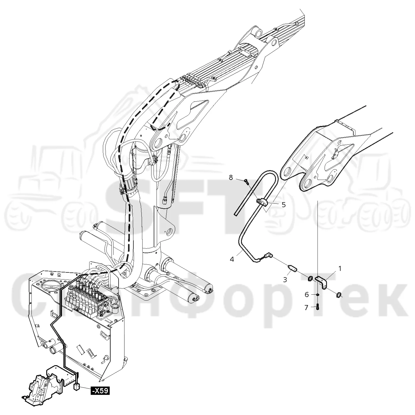 Схема: Valmet / Форвардер / Valmet 840.3 / Valmet 840.3  Ch. -311173 / Valmet 840.3  Ch. -311173 / Каталог запасных частей / Подъемный кран / Подъемный кран / Valmet CRF 8.1 Ch. V1001- / Каталог запасных частей / CRF 8.1 / CRF 8.1 / Демпфер подъемного крана Комплект электрооборудования