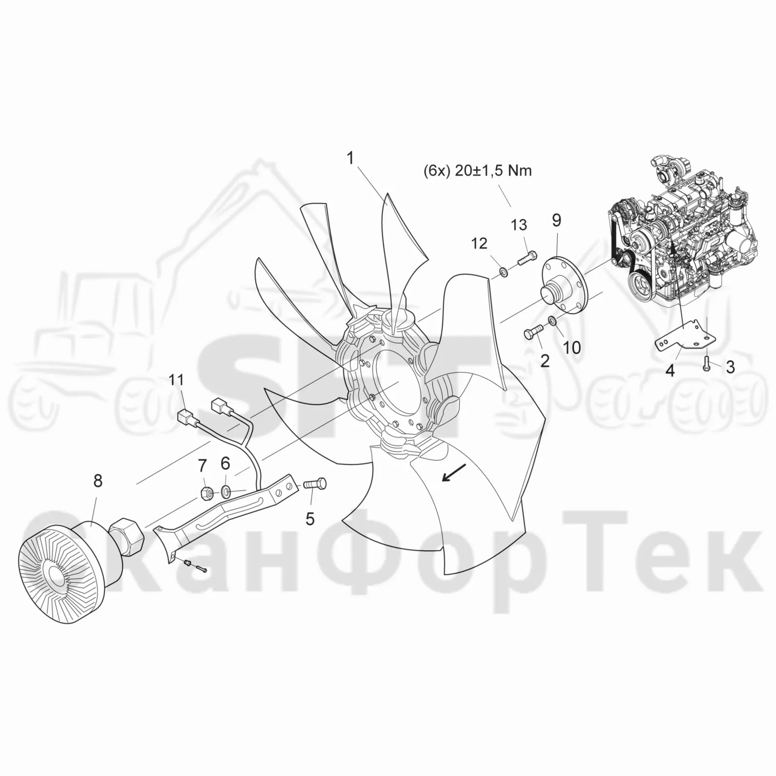 Схема: Komatsu / Форвардер / 840TX / Каталог запасных частей / Двигатель / Система охлаждения / Вентилятор / Вентилятор Visco Электрический