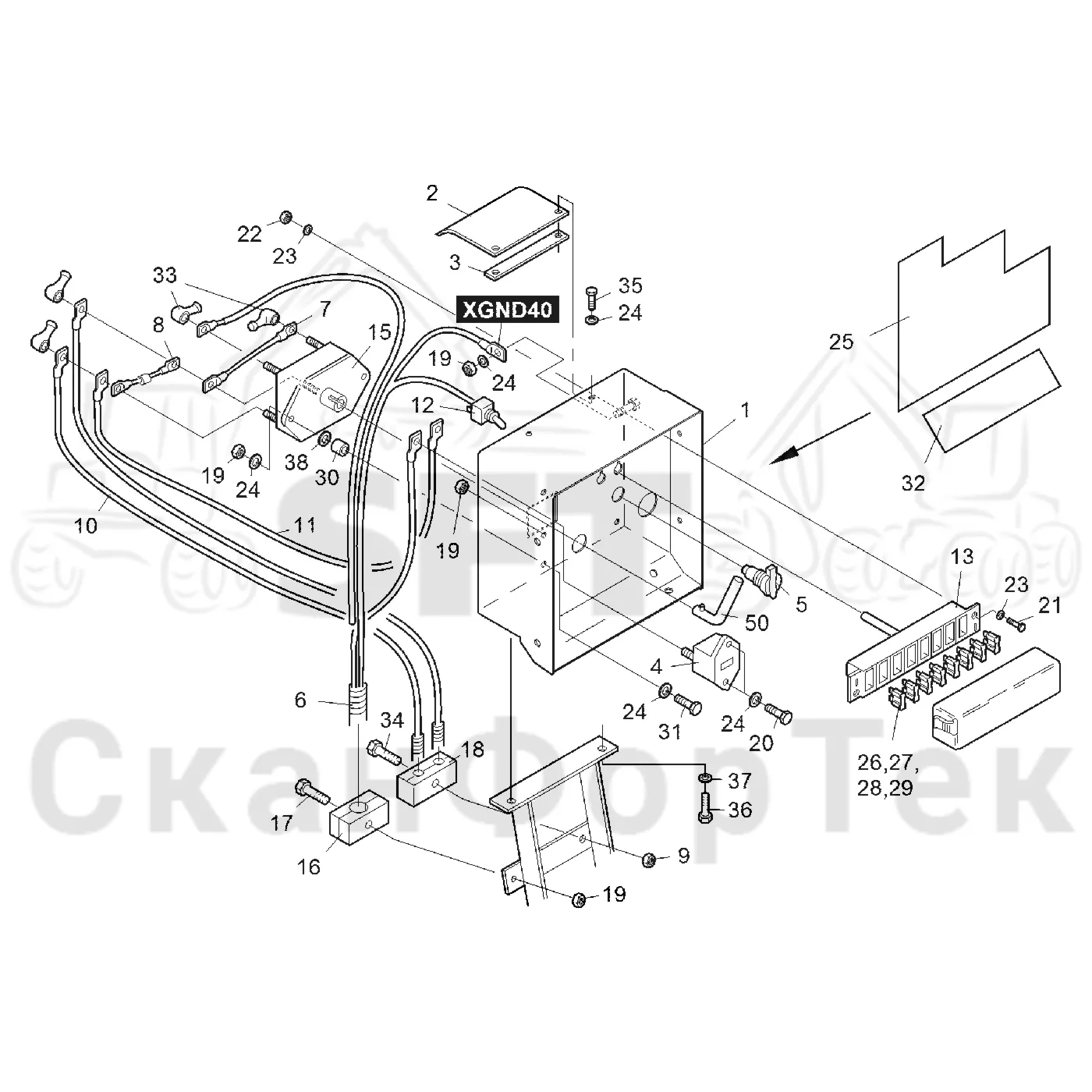 Схема: Komatsu / Форвардер / 840TX / Каталог запасных частей / шасси / Электрический Оборудование / Разъединитель аккумуляторной батареи / Разъединитель аккумуляторной батареи 8401000691-
