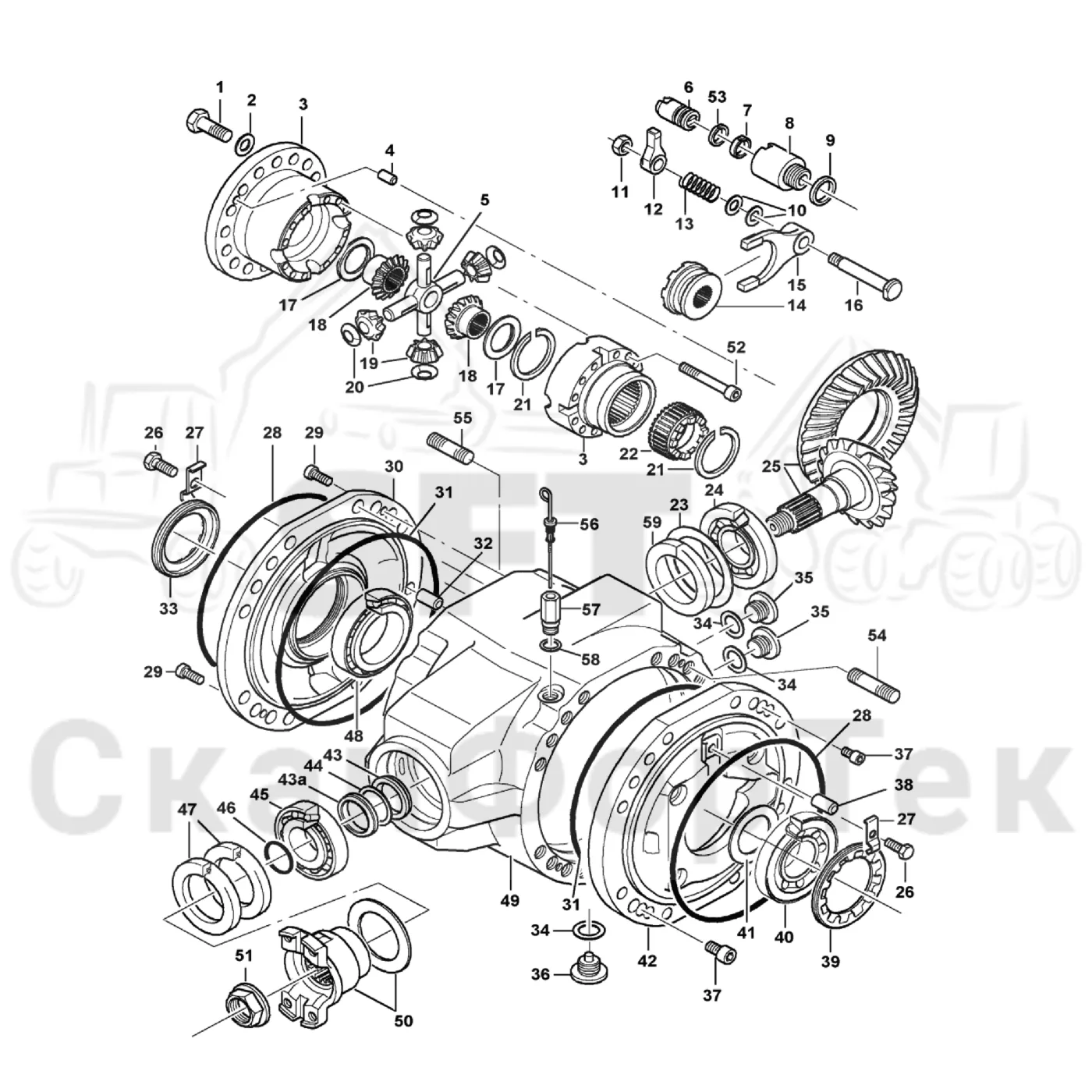 Схема: Komatsu / Форвардер / 840TX / Каталог запасных частей / Коробка передач / Мост каретки / Standard Bogie / Дифференциал