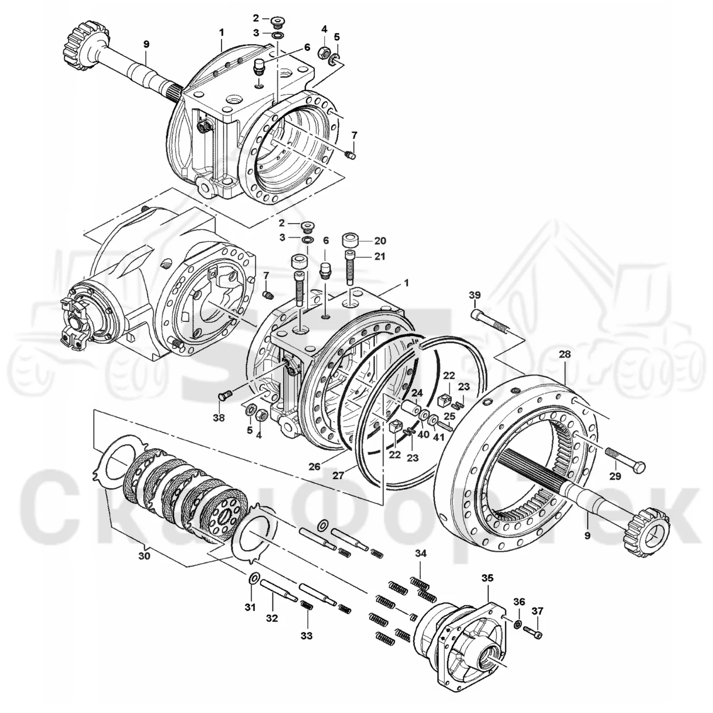 Схема: Komatsu / Форвардер / 840TX / Каталог запасных частей / Коробка передач / Мост каретки / Standard Bogie / каретки Картер ведущего моста