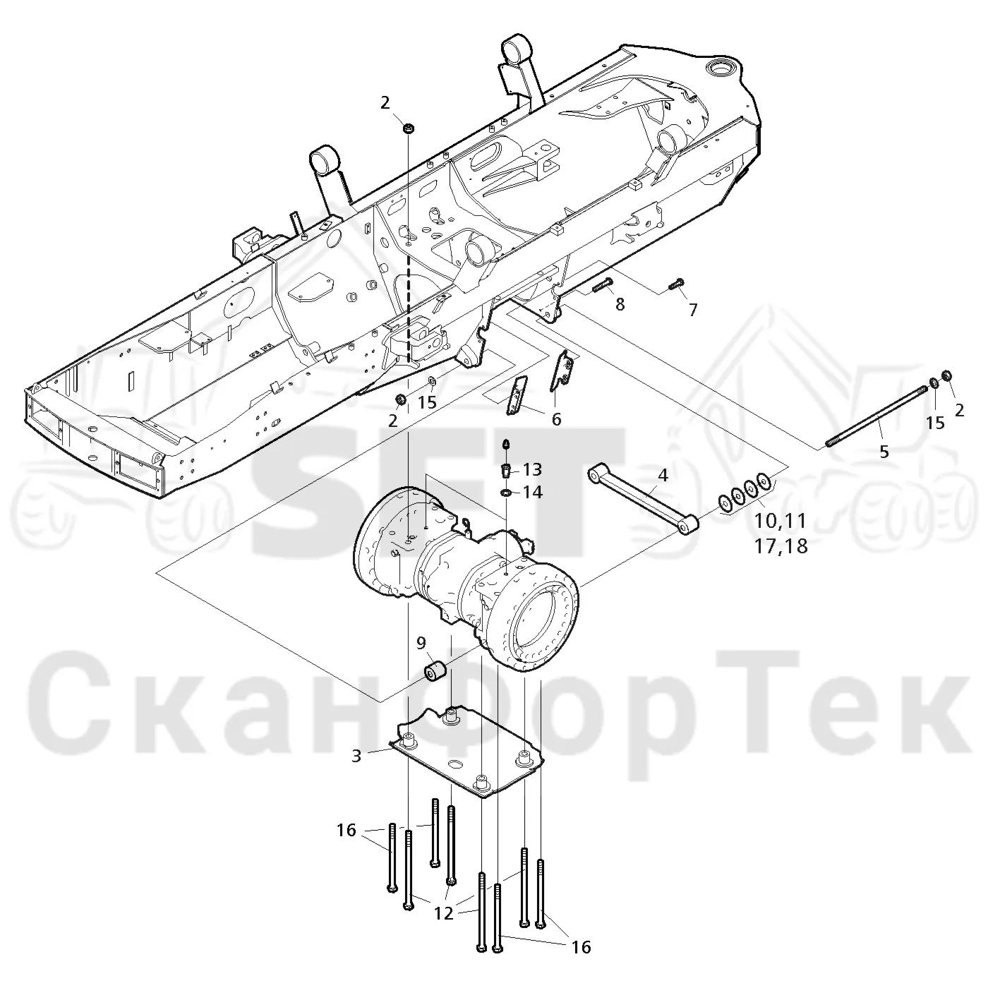 Схема: Komatsu / Форвардер / 840TX / Каталог запасных частей / Коробка передач / Мост каретки / Standard Bogie / Передний агрегат каретки