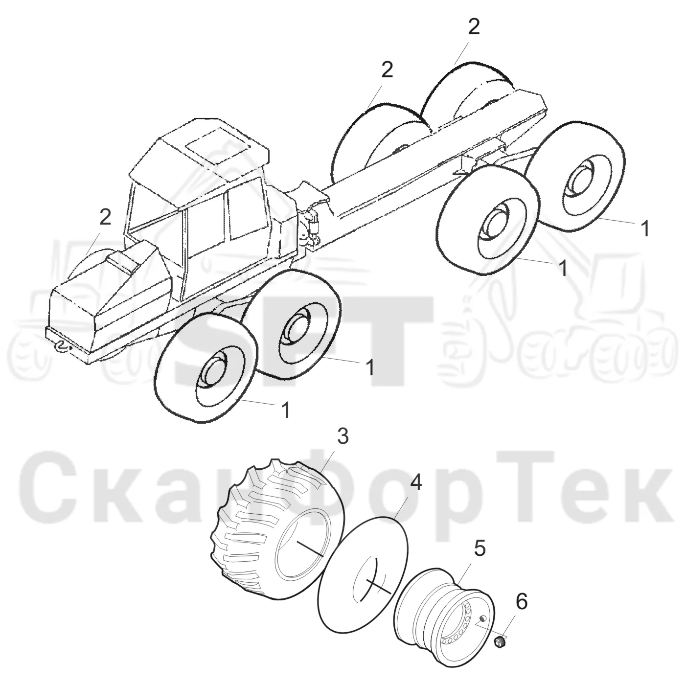 Схема: Komatsu / Форвардер / 840TX / Каталог запасных частей / Коробка передач / Оборудование шин / колесо Nokian / 710/40-24.5